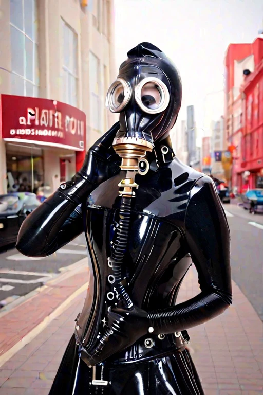 woman, short bright red hair, blue eyes, in black leather bodysuit, long sleeves, black rubber gloves, corset, wearing GP5 gasmask, GP5 tube, corset, tight fetish straps, posing, city, solo.