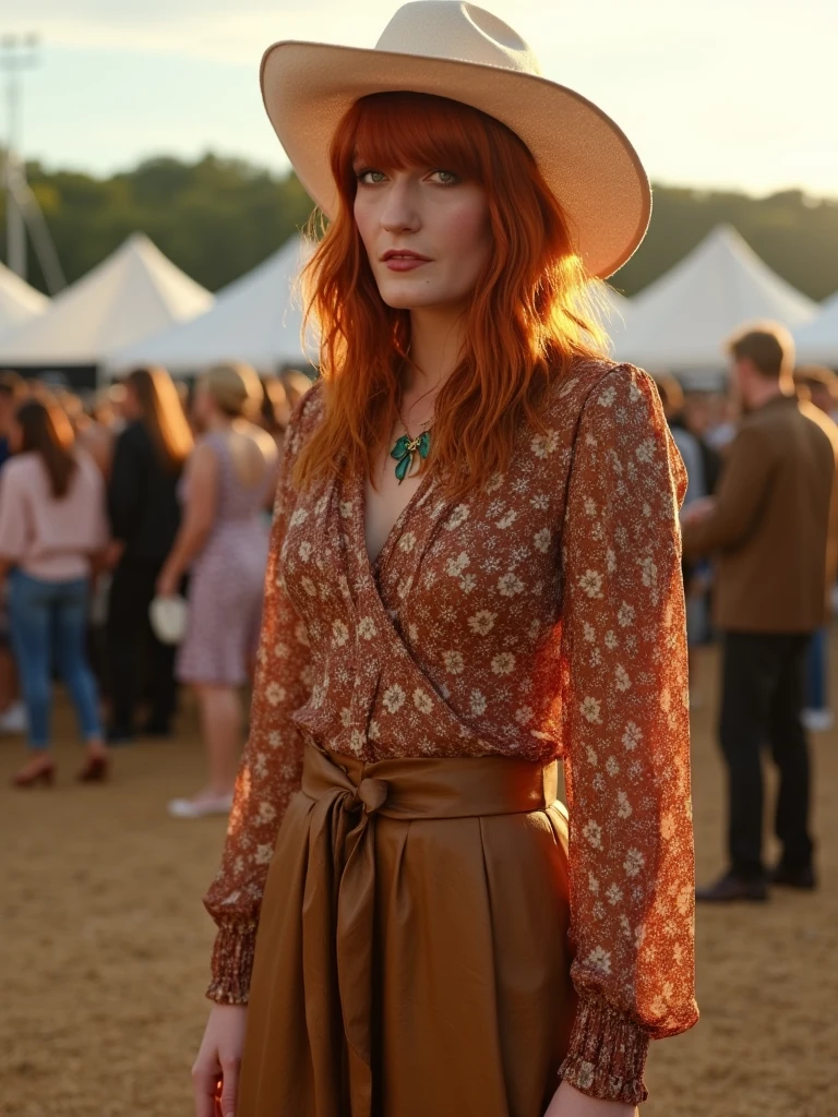 cinematic,  full body shot,  Florence Welch, wearing a lovely glamorous hipster  outfit, in an outdoors music festival backstage,  photorealistic, real photography, 8k, hd,  <lora:Florence Welch-step00001200:0.9>