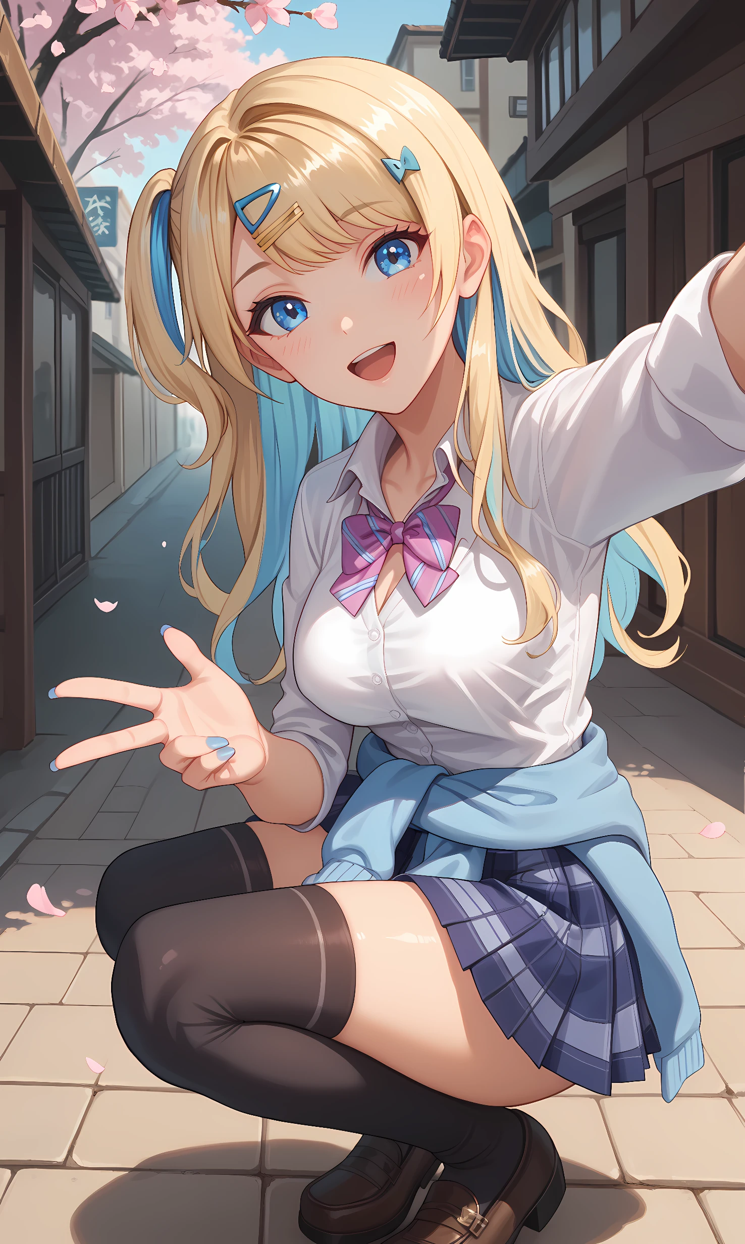 score_9, score_8_up, score_7_up, source_anime, 1girl, solo, outdoors, street, cherry blossoms, cowboy shot, squatting, looking at viewer, shiny skin, shirakawa, blue eyes, blonde hair, one side up, two-tone hair, hairclip, ribbon, collared shirt, sleeves rolled up, pink bowtie, striped bowtie, blue cardigan around waist, blue skirt, pleated skirt, plaid skirt, black thighhighs, brown shoes, from below, selfie, reaching out, blue nails, from side, from above