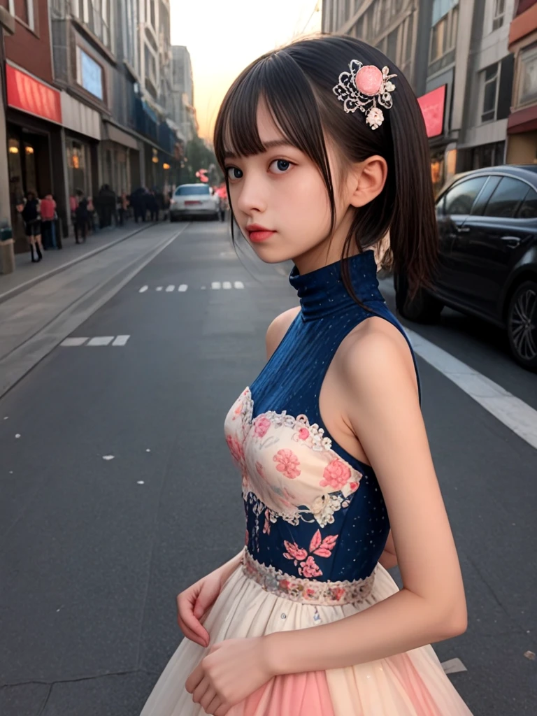 ((score_9, realistic)), ((fair skin)), ((skinny)), a pretty woman, kpop, jpop, idol, top model, medium breasts, high neck, multicolord dress, sleeves dress, hair ornament, street, brick sidewalk, sunset, from side, <lora:ColoredContactLenses_pony:0.5>,