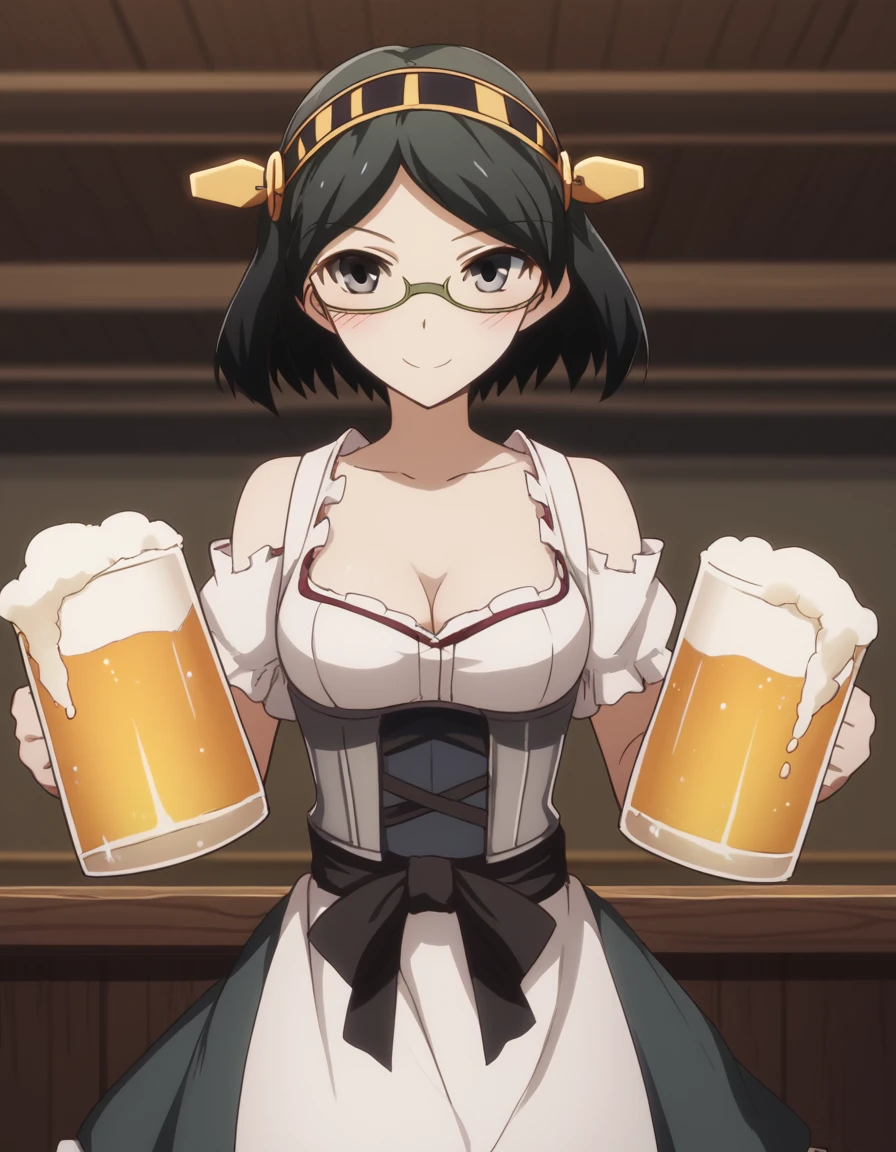 score_9, score_8_up, score_7_up, source_anime, <lora:kancolle-kirishima-s1-ponyxl-lora-nochekaiser:1>, kirishima, short hair, black hair, hairband, glasses, black eyes, semi-rimless eyewear, green-framed eyewear, kirishima (kancolle), medium breasts,, <lora:dirndl-ponyxl-lora-nochekaiser:1>, dirndl, german clothes, beer mug, collarbone, cleavage, beer, underbust, waist apron,, indoors, bar, smile, blush,, , cowboy shot, dutch angle