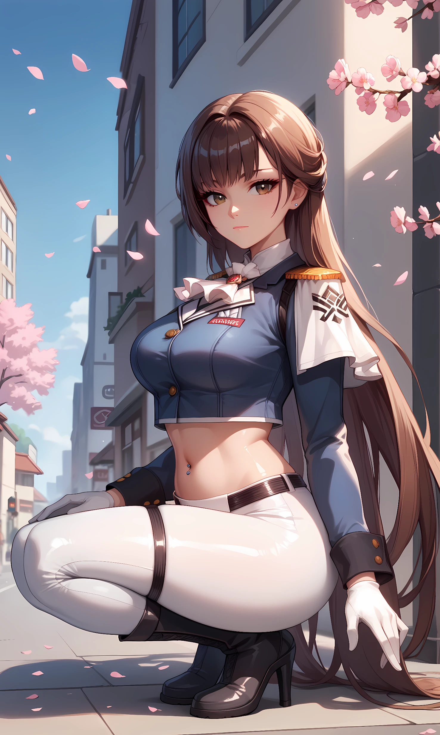 score_9, score_8_up, score_7_up, source_anime, 1girl, solo, outdoors, street, cherry blossoms, cowboy shot, looking at viewer, shiny skin,marciana, brown eyes, brown hair, long hair, military uniform, long sleeves, crop top, white ascot, jewelry, white gloves, navel piercing, black belt, holster, thigh holster, thigh strap, white pants, tight pants, black boots, high-heels, squatting, from side, closed mouth, full body