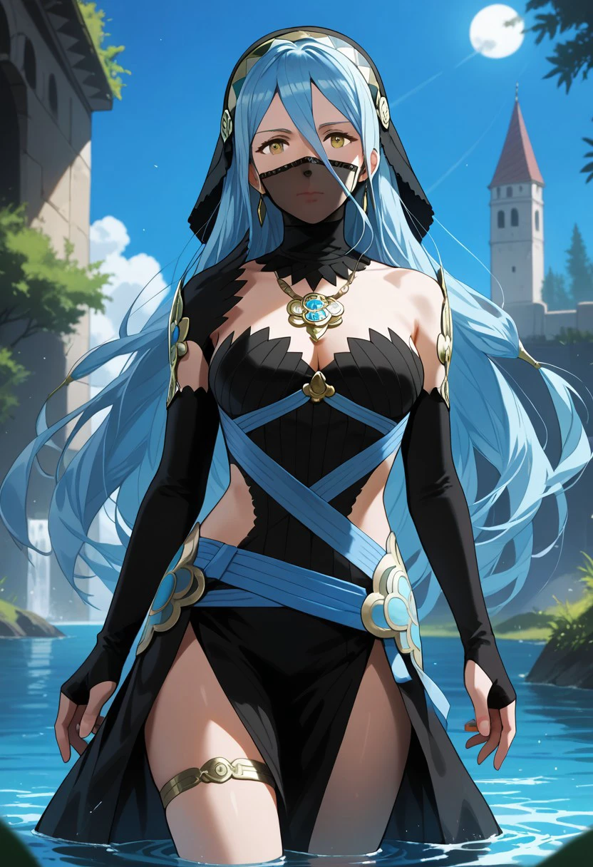 score_9,score_8_up,score_7_up,source_anime,azura (fire emblem),1girl,solo,breasts,looking at viewer,gloves,dress,jewelry,bare shoulders,elbow gloves,fingerless gloves,necklace,water,black dress,veil,uneven legwear,single leg pantyhose,mouth veil,