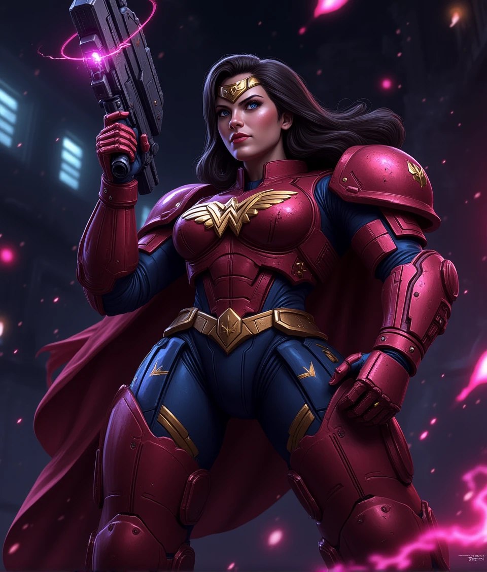 terran-style,the wonder woman of DC,energy armor,is playing video_game, 