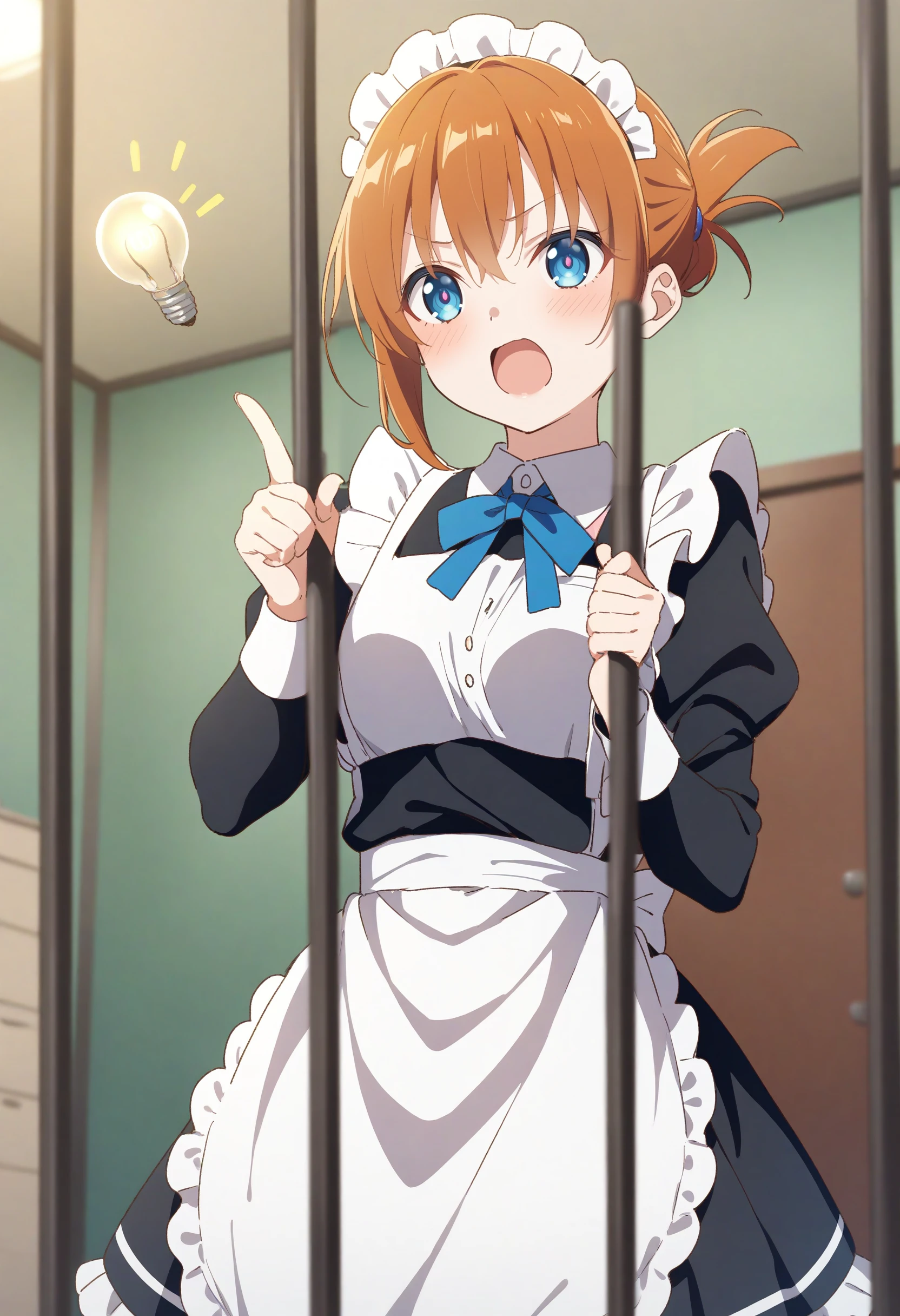 1girl,sincos, ningen mame, toosaka asagi,solo,medium breasts,20yo,maid,maid headdress,
Idea Light Bulb,<lora:Idealightbulb_XL_v1:0.8>
orange hair, silver eyes,fingersmile, in bars, open mouth, folded ponytail hair,,
best quality, very aesthetic, absurdres