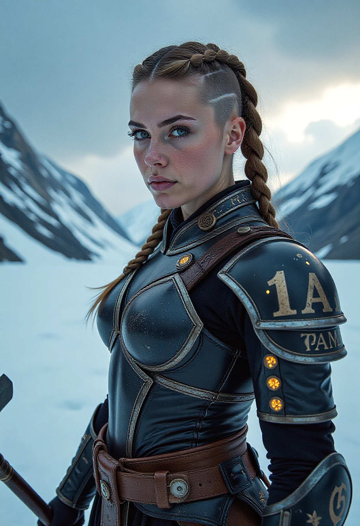 A captivating image emerges, focusing on a viking_punk warrior-princess, her presence commanding attention in the icy wasteland. Her futuristic viking armor based on traditional viking armor, a seamless fusion of technology and her athletic form, slim-athletic form highlights her strength and agility. The warrior's twin braids with shaved sides, frames her determined expression, while her piercing eyes bore into the viewer. Ancient runes are etched into her battleaxe and armor, crackling with mystical glowing energy. 
The frozen landscape, a testament to her people's resilience, stretches into the distance, where dark, ominous clouds partially veil the rugged mountainous pass, filling the air with crispness and the promise of lightning. 
This artwork, with its Nordic and Viking-inspired elements, captures the essence of a powerful futuristic figure, seamlessly blending ancient traditions with futuristic innovations. mad-cbrpnk-dtlr, hologram, perfection style,