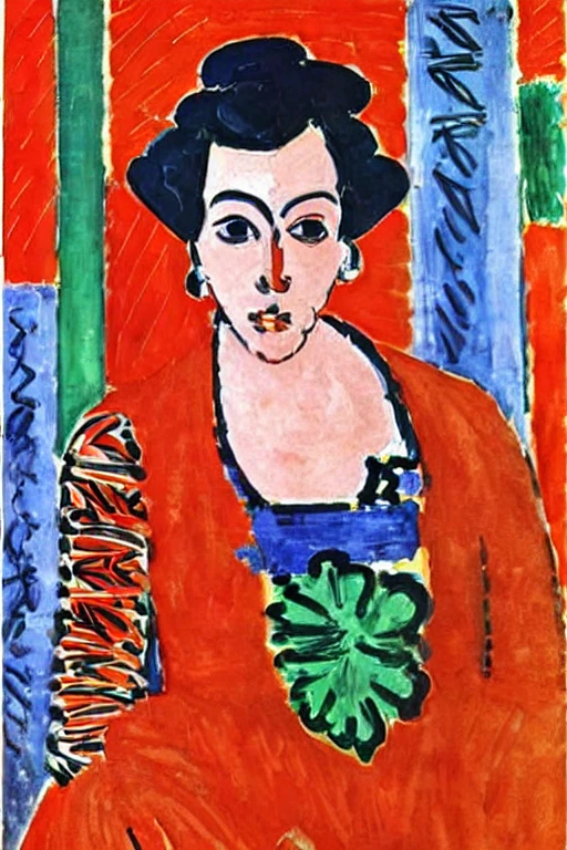 <lora:Matisse-10:1>, Matisse, A portrait of a woman in a colorful dress, with expressive eyes and intricate patterns.