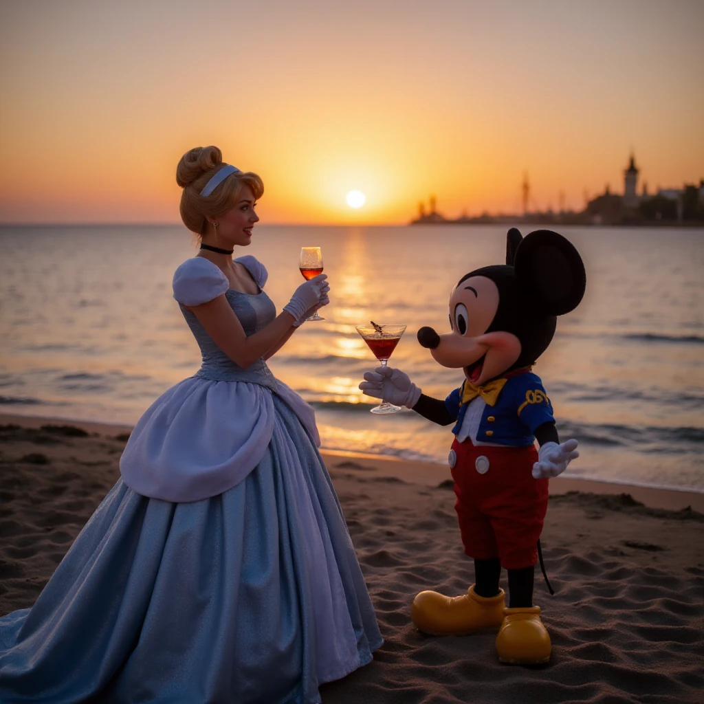 a photo of Cinderella and a mickey mouse mascot are having a cocktail on the beach at sunset <lora:Cinderella:0.9>