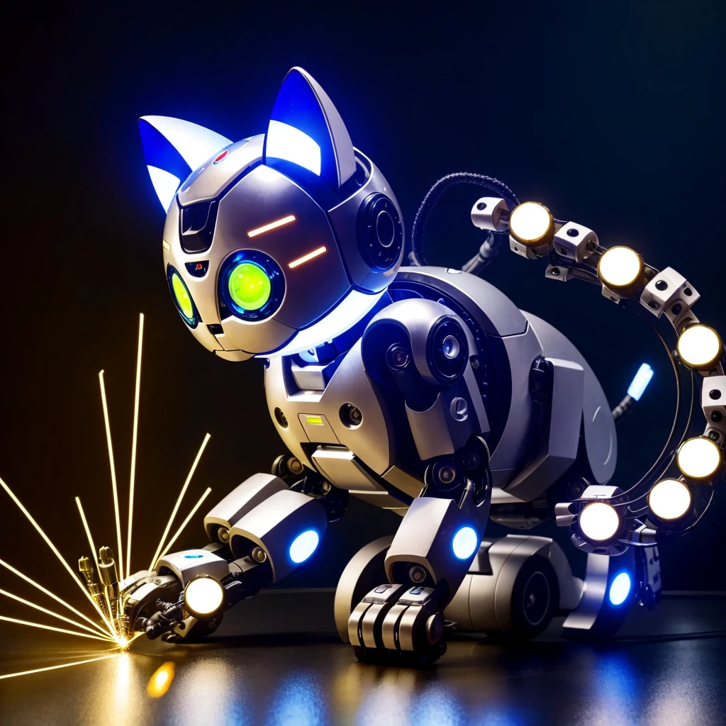 A robot cat with mechanical limbs and a body covered in shiny buttons and switches. He has a wind-up key sticking out of his back and emits a constant stream of sparks from his tail. His purr sounds like a melodic tune, and he can shoot lasers from his eyes.