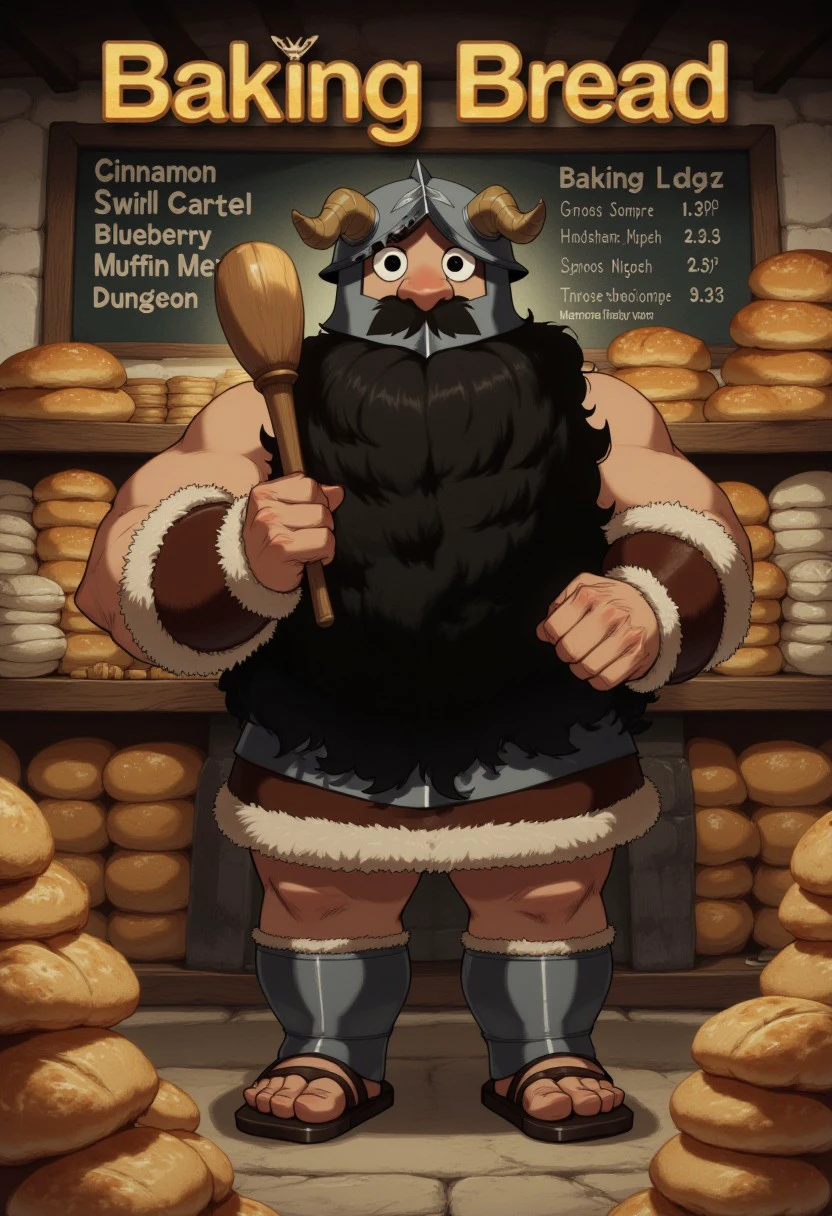 A TV show poster for a parody series titled "Baking Bread," playing on the name of the famous show Breaking Bad. The poster Senshi, dwarf from dungeon Meshi with long black beard, wearing a viking inspired clothing and a helmet with horns, with a rolling pin slung over his shoulder like a weapon. He stands in the middle of a rustic bakery, surrounded by stacks of bread loaves, pastries, and bags of flour, all arranged to mimic the iconic desert backdrop from the original show.
Behind him, the bakery's chalkboard menu lists items like "Cinnamon Swirl Cartel" and "Blueberry Muffin Meth," hinting at the culinary chaos that’s about to unfold. The baker’s expression is intense, yet comically serious, as if he's about to take on the world with nothing but his dough and determination.
The title "Baking Bread" is displayed in bold, stylized text at the top, with the "Baking" in a gritty, cracked font, while "Bread" is written in warm, golden letters resembling freshly baked loaves. The tagline beneath reads, "Baking in the Dungeon," adding to the pun-filled humor.
The overall color scheme of the poster is a mix of warm, bakery hues with the gritty, dark tones reminiscent of the original show, blending the intense drama of Breaking Bad with the lighthearted, culinary twist of "Breaking Bread."