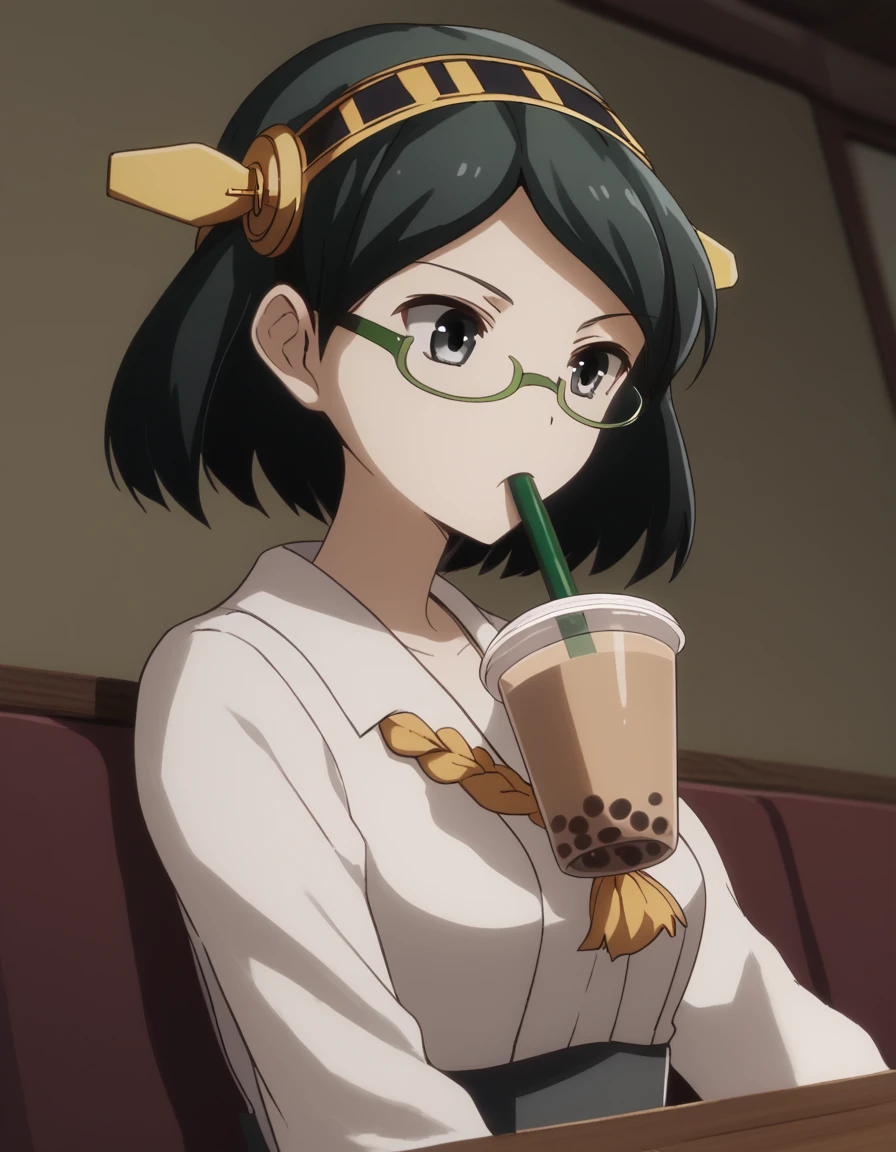 score_9, score_8_up, score_7_up, source_anime, <lora:kancolle-kirishima-s1-ponyxl-lora-nochekaiser:1>, kirishima, short hair, black hair, hairband, glasses, black eyes, semi-rimless eyewear, green-framed eyewear, kirishima (kancolle), medium breasts,, <lora:bubble-tea-challenge-ponyxl-lora-nochekaiser:1>, bubble tea challenge, bubble tea, object on breast, drinking straw, drinking straw in mouth, drinking, cup,, indoors, sitting, looking down, , cowboy shot, dutch angle