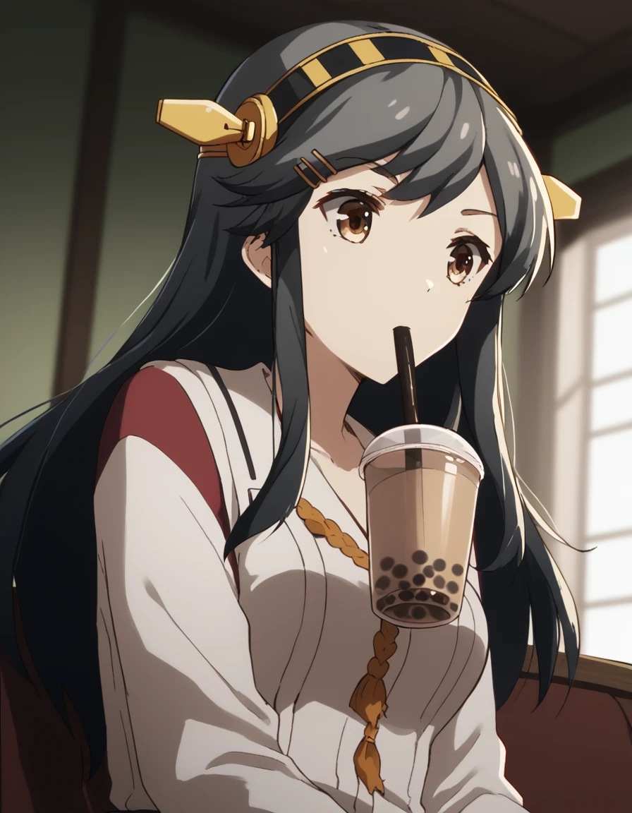 score_9, score_8_up, score_7_up, source_anime, <lora:kancolle-haruna-s1-ponyxl-lora-nochekaiser:1>, haruna, long hair, black hair, hair ornament, brown eyes, hairband, hairclip, haruna (kancolle), medium breasts, <lora:bubble-tea-challenge-ponyxl-lora-nochekaiser:1>, bubble tea challenge, bubble tea, object on breast, drinking straw, drinking straw in mouth, drinking, cup,, indoors, sitting, looking down, , cowboy shot, dutch angle