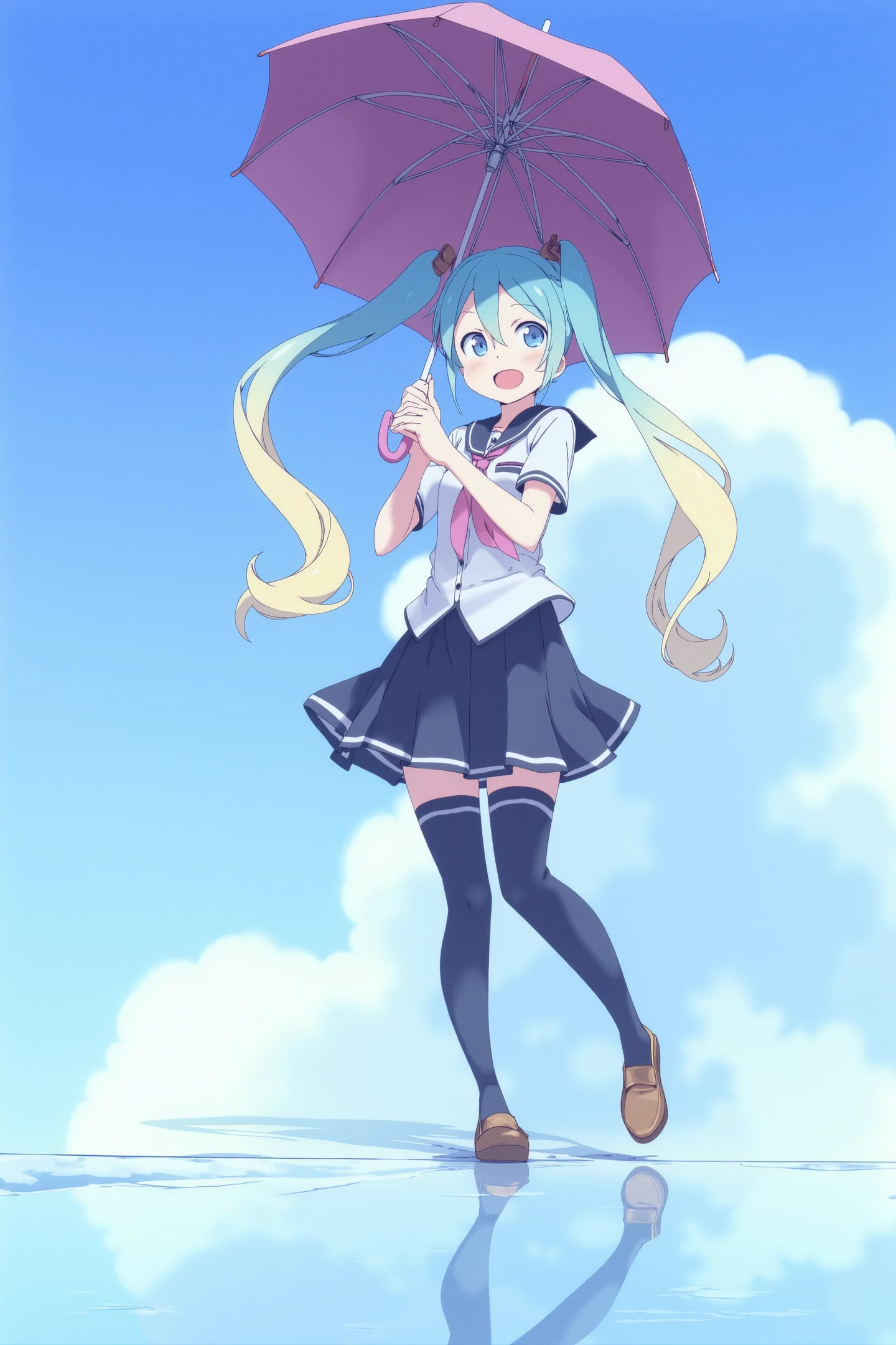 1girl,solo,smile,open mouth,umbrella,thighhighs,hatsune miku,twintails,long hair,skirt,school uniform,cloud,glasses,sky,serafuku,blue eyes,black thighhighs,holding umbrella,holding,shoes,loafers,pleated skirt,multicolored hair,blue hair,standing,day,full body,looking at viewer,black skirt,reflection,blue sky,zettai ryouiki,aqua hair,gradient hair,white shirt,brown footwear,short sleeves,prefect hands,
<lora:Kanzaki Hiro_FLUX:1>,