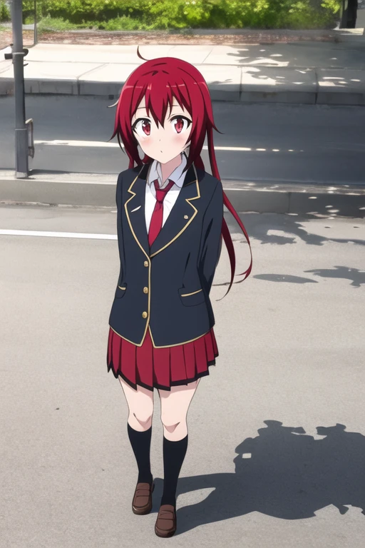 <lora:SakuradaAkanev1:1>,1girl,black legwear,full body,jacket,kneehighs,loafers,long hair,looking at viewer,necktie,pleated skirt,red eyes,red hair,red skirt,school uniform,shoes,skirt,solo,standing,outdoors,hair_ornament,