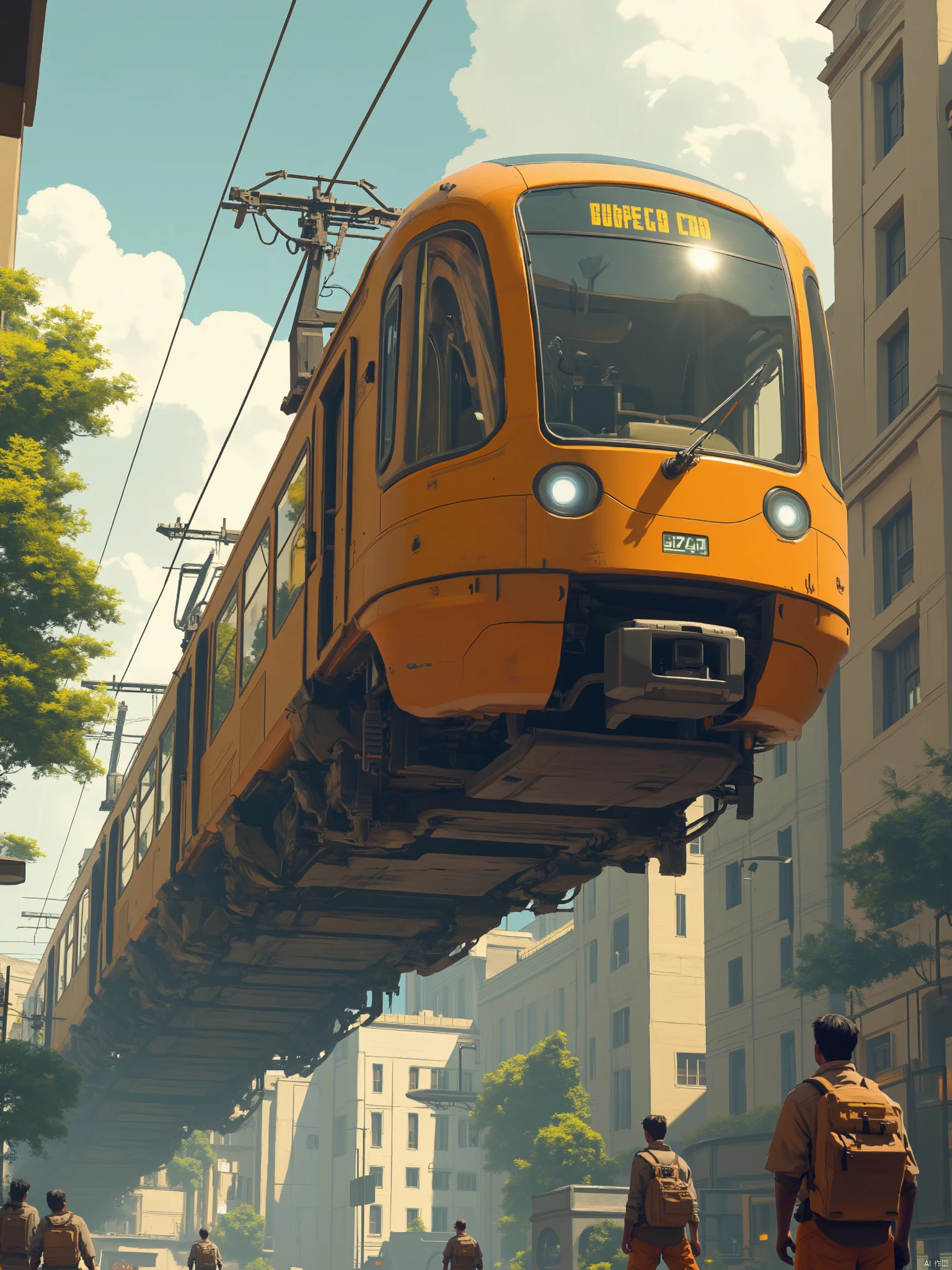 OBweilai,
a vibrant orange train is suspended in the air above a city street. The train is adorned with a black bumper and a large window on the front. Two men are walking on the street below the train
each carrying a brown backpack on their back. The man on the left is wearing a brown jacket and brown pants
while the man in the right is wearing orange pants and a brown shirt. Both men are carrying black bags on their backs. To the right of the train are tall buildings
dotted with green trees. The sky is dotted with white clouds
adding a pop of color to the scene.