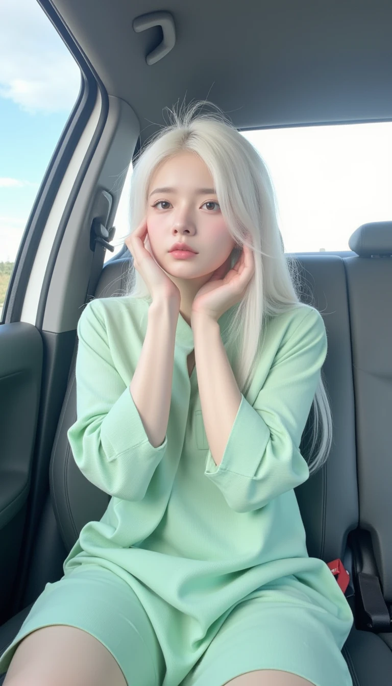 1girl,concept clothing, garment draping, A young lady with long white hair is sitting in a car.
She is wearing a light green shirt and is looking out the window.
Her face is turned towards the window and she is holding her face with one hand.
