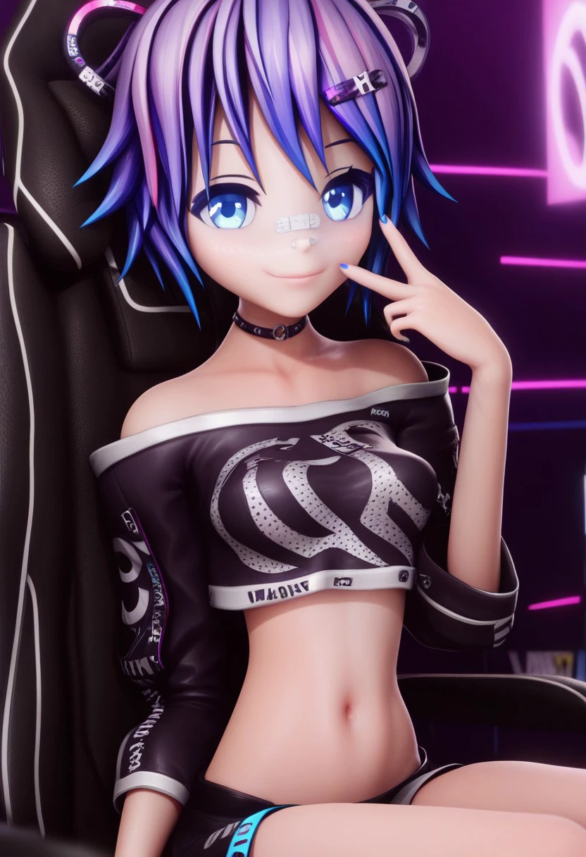 1girl, solo, looking at viewer, smile, short hair, blue eyes, shirt, hair ornament, navel, bare shoulders, medium breasts, sitting, blue hair, collarbone, purple hair, choker, hairclip, midriff, hand up, off shoulder, nail polish, blurry, crop top, v, chair, bandaid, blue nails, blurry foreground, off-shoulder shirt, bandaid on face, crescent moon, bandaid on nose