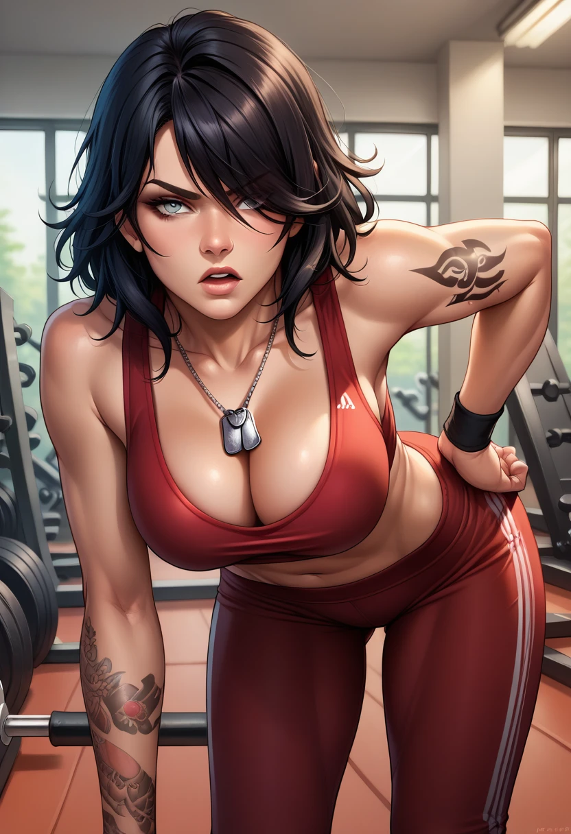score_9, score_8_up, score_7_up,  source_anime,  BREAK solo, 1 girl,  <lora:WETRubyMalone:0.8>, RMWT, black hair, grey eyes, medium hair, hair over one eye, dog tags,  seductive red sports bra, red yoga pants, wrist tattoo, hand on own hip, gym, leaning forward, annoyed, open mouth, close-up, cleavage, breasts,