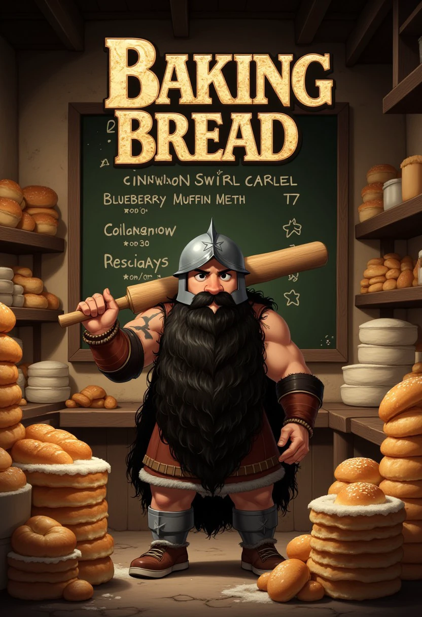 A TV show poster for a parody series titled "Baking Bread," playing on the name of the famous show Breaking Bad. The poster Senshi, dwarf from dungeon Meshi with long black beard, wearing a viking inspired clothing and a helmet, with a rolling pin slung over his shoulder like a weapon. He stands in the middle of a rustic bakery, surrounded by stacks of bread loaves, pastries, and bags of flour, all arranged to mimic the iconic desert backdrop from the original show.
Behind him, the bakery's chalkboard menu lists items like "Cinnamon Swirl Cartel" and "Blueberry Muffin Meth," hinting at the culinary chaos that’s about to unfold. The baker’s expression is intense, yet comically serious, as if he's about to take on the world with nothing but his dough and determination.
The title "Baking Bread" is displayed in bold, stylized text at the top, with the "Baking" in a gritty, cracked font, while "Bread" is written in warm, golden letters resembling freshly baked loaves. The tagline beneath reads, "Baking in the Dungeon," adding to the pun-filled humor.
The overall color scheme of the poster is a mix of warm, bakery hues with the gritty, dark tones reminiscent of the original show, blending the intense drama of Breaking Bad with the lighthearted, culinary twist of "Breaking Bread."