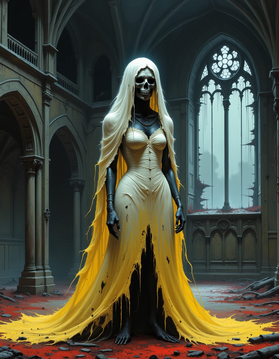 h0rr0rsh0w A ghostly bride, dressed in a tattered and decayed wedding gown, stands in a ruined chapel. Her once-beautiful dress is now yellowed with age, and her veil hangs in shreds. Her face is pale and hollow, with empty eye sockets that seem to gaze into the void. The chapel is overgrown with vines, and moonlight filters through broken stained glass windows.
 <lora:horror-show:1.0>