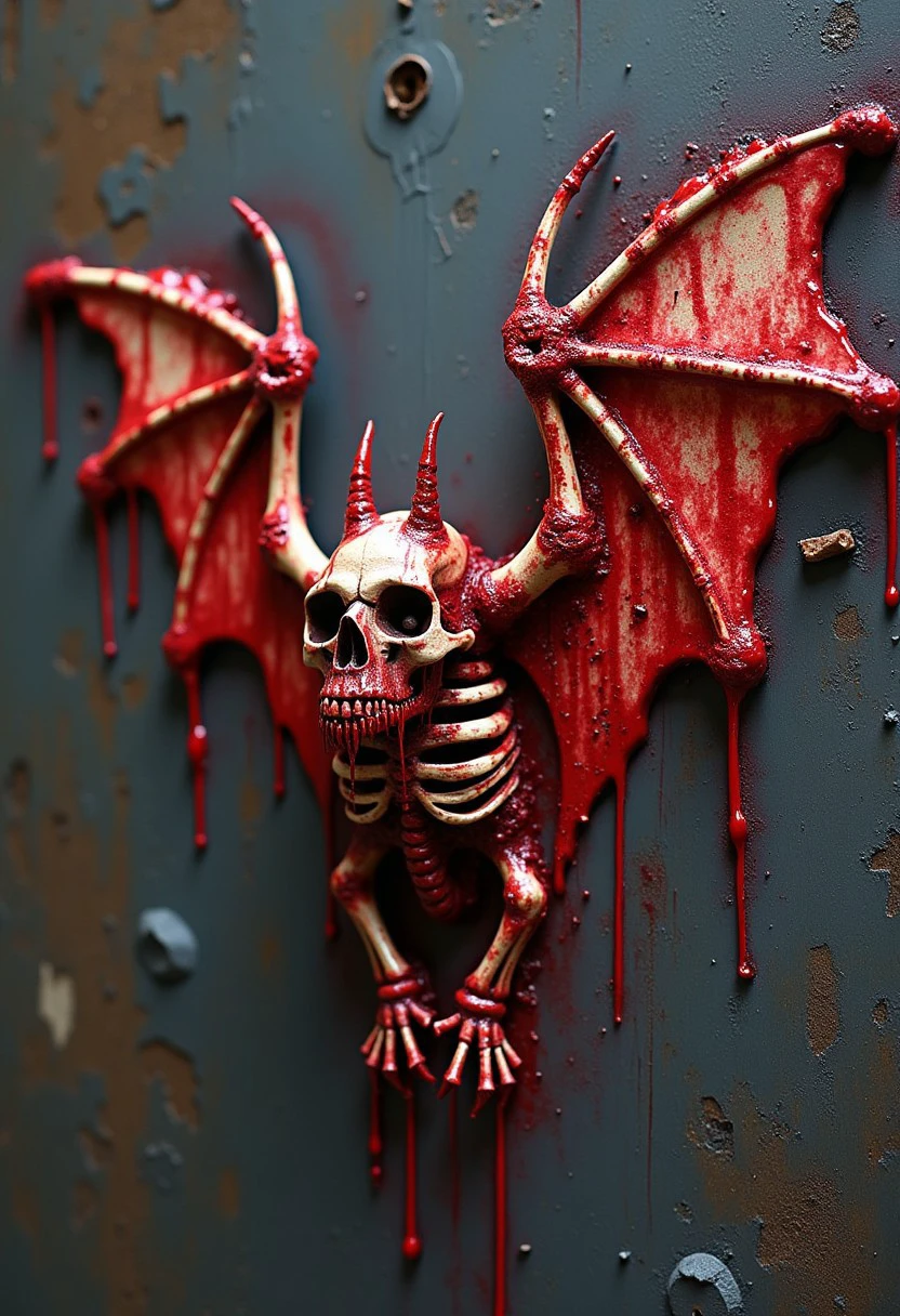 A bloody gorey vampire bat made of blood, gore, bones, and body parts.