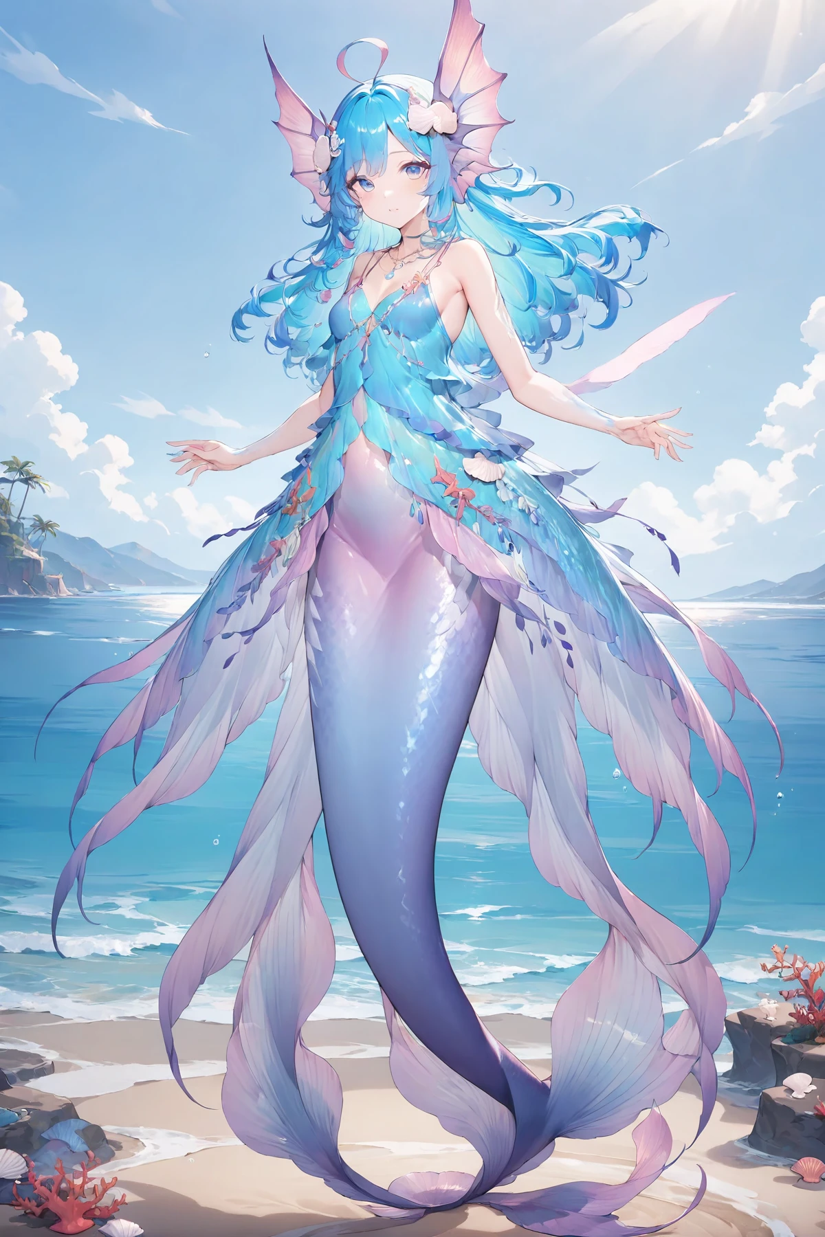 masterpiece, best quality, perfect features, intricate details, solo,looking at viewer, mermaid,  head fins,sea, kneeless mermaid, shell hair ornament,full body
, blue eyes, shiny hair, blue dress, ahoge, necklace, <lora:Duoliya_xl:0.6>