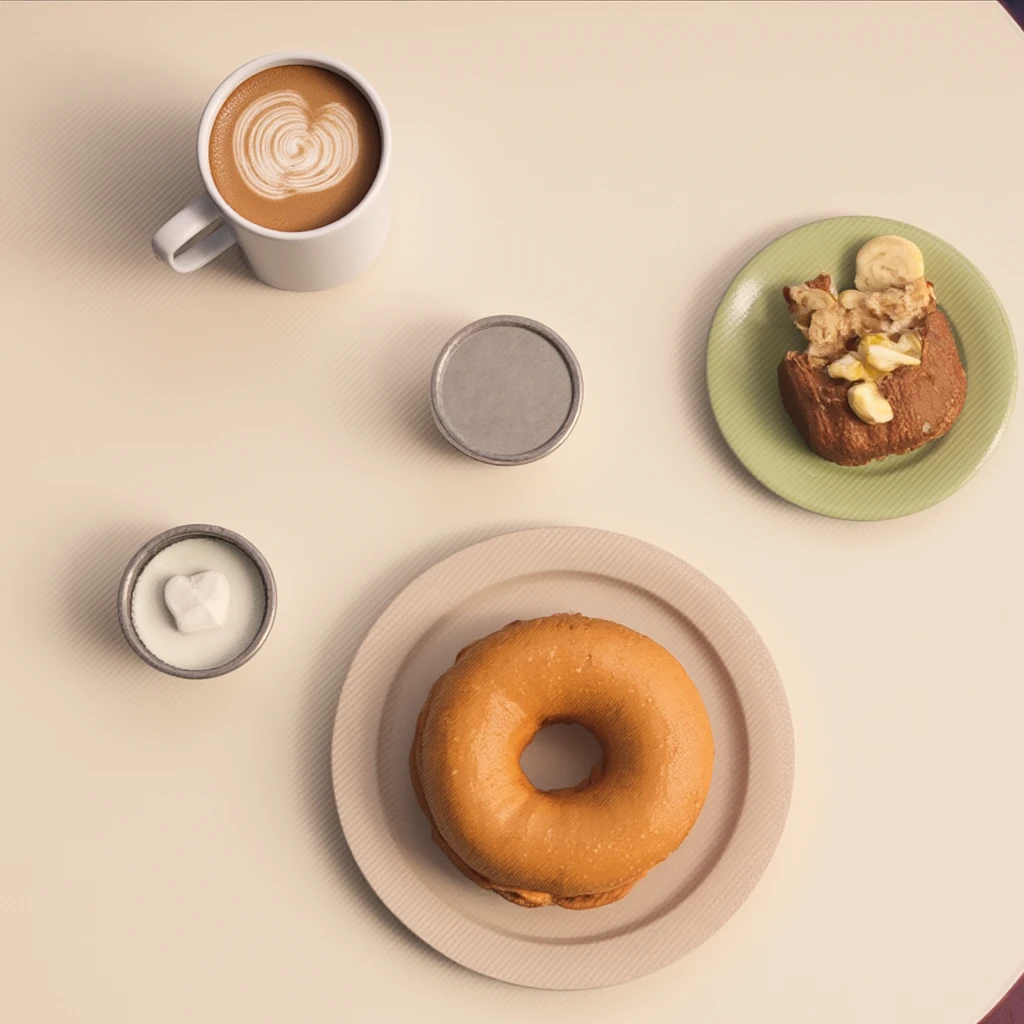 in the style of zhyz. in the style of digital illustration.a breakfast setting on a round, off-white table. The foreground prominently showcases a light beige ceramic plate holding two freshly baked bagels with a golden-brown crust and a soft, light interior. Adjacent to the plate, there are two small, stainless steel containers, one containing cream cheese and the other holding a dark, slightly viscous substance likely to be jam. The bagels are neatly arranged, one slightly overlapping the other.

In the background, there is a white ceramic mug filled with a latte featuring a prominent, intricate heart-shaped design created with milk foam. To the right of the plate, a small, green ceramic plate holds a slice of banana bread, topped with a generous amount of creamy butter