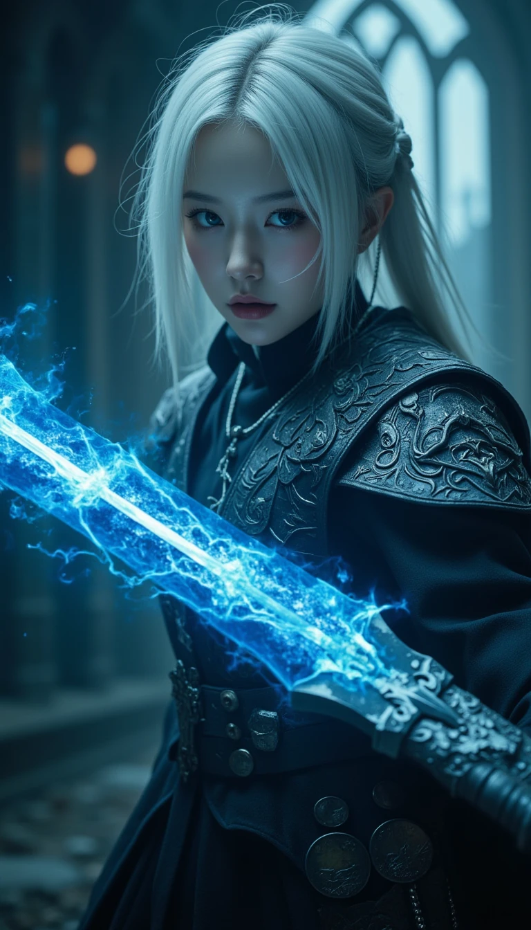 featuring a white-haired young female warrior facing overwhelming odds. She wields a Lovecraftian sword infused with cosmic energy, etched with intricate designs and emitting a blue glowing aura. The background is a gloomy, Victorian-era setting, creating an epic atmosphere. The scene should be shot in HDR with bold, striking colors, inspired by photography styles similar to Jeremy Mann and Kelly McKernan. The female warrior's cosmic eyes add to the dramatic effect, and the overall image should have a cinematic quality with professional-level detail and action.