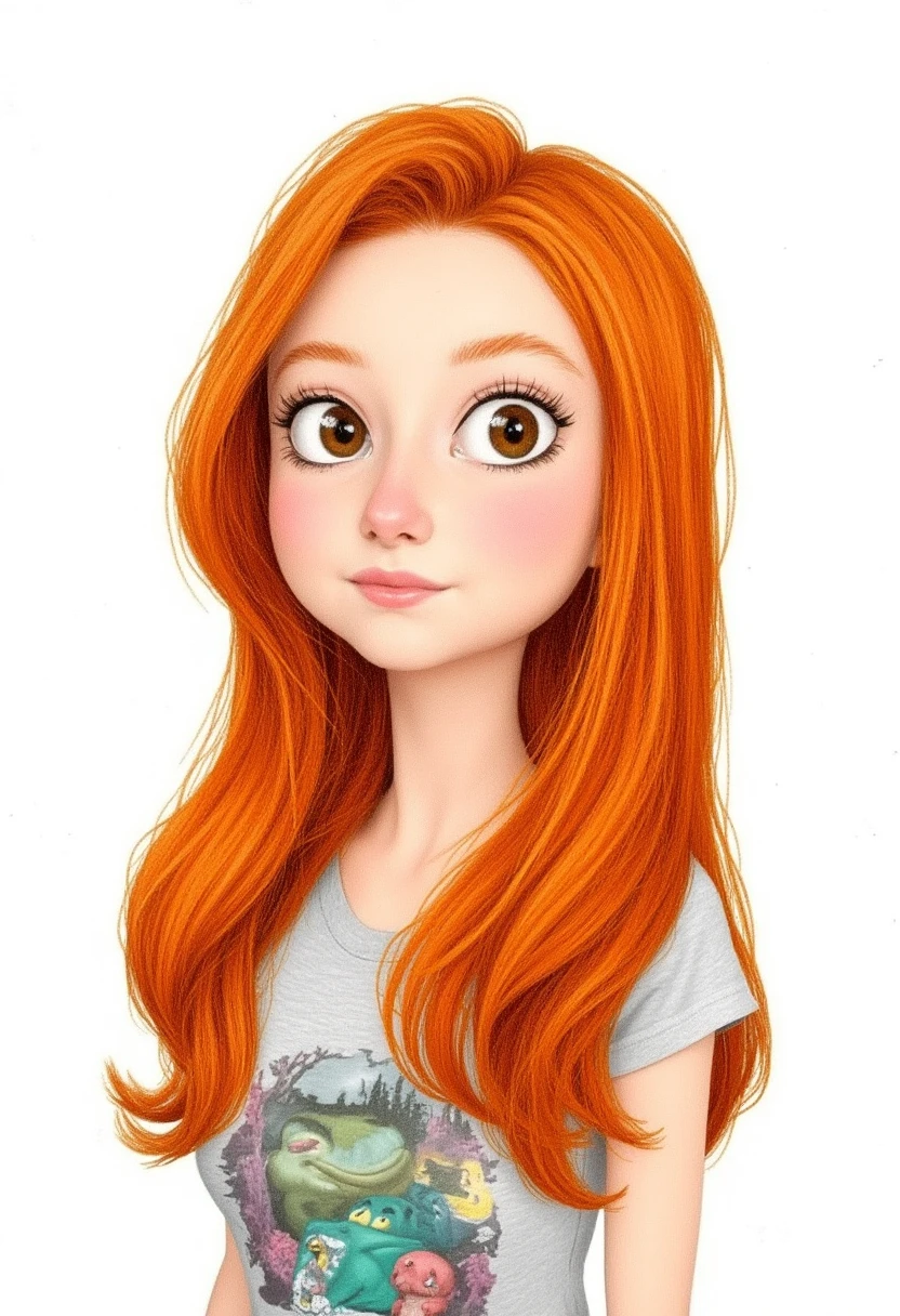 a whimsical cartoon drawing of francescacapaldi, a young woman. She has long ginger hair. It is a colored pencil drawing. The shading is done with cross hatching.