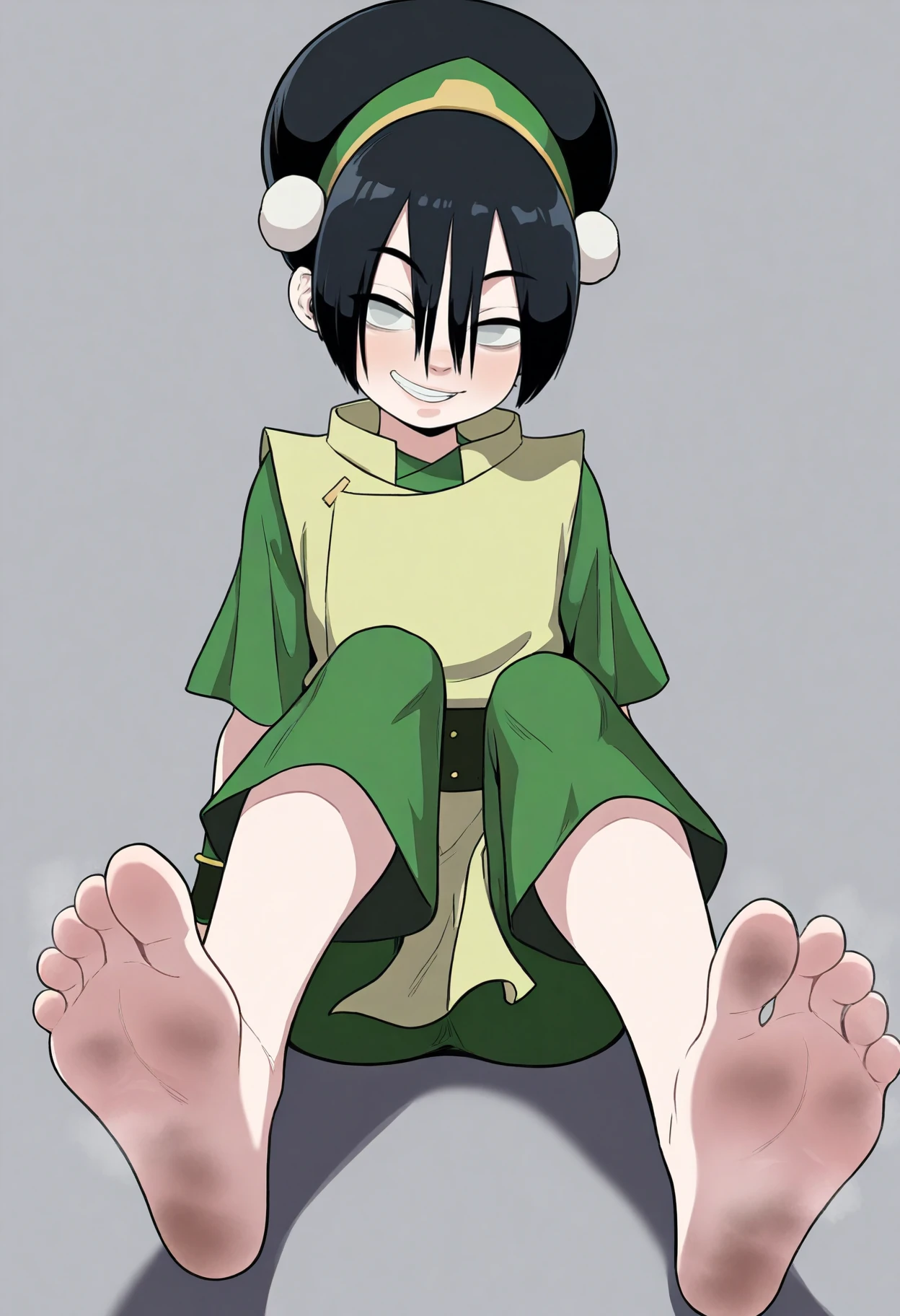 best quality, amazing quality, very aesthetic, absurdres,
1girl, toph, bangs, black hair, blind, grey eyes, hair between eyes, hair bun, hairband, short hair, short sleeves, 
tunic, chinese clothes, baggy capri pants,
smug, sitting, foot focus, barefoot, soles, dirty feet   <lora:TophIllustrious_byKonan:1>