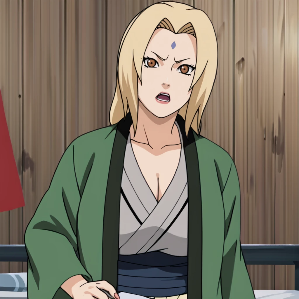 <lora:tsunade_pony_v1:.8> Tsunade, tsunade (naruto), 1girl, blonde hair, large breasts, japanese clothes, brown eyes, forehead mark, cleavage, facial mark, grey kimono, mature female, sash, collarbone, haori, long sleeves, cowboy shot