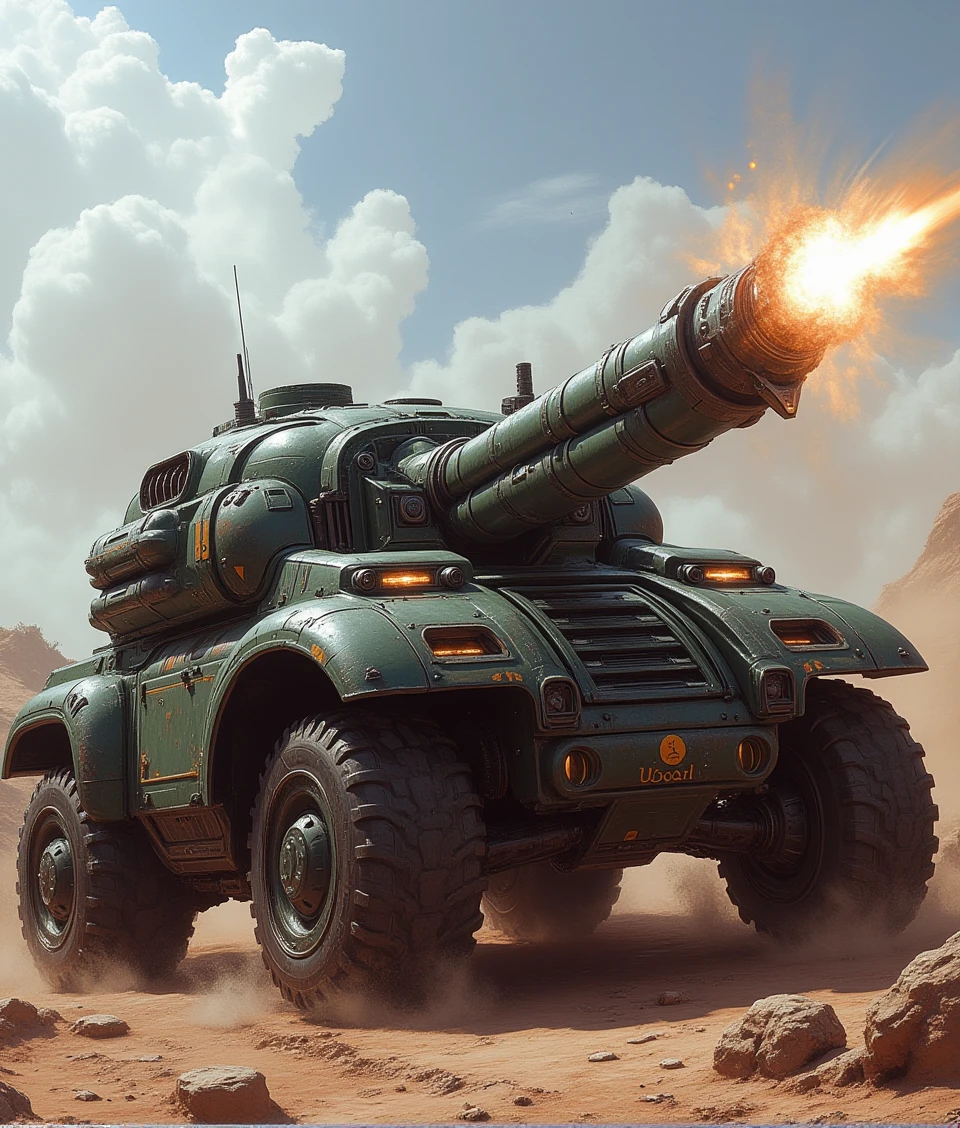 terran-style,a armored motor car with massive huge Anti-aircraft energy cannon firing