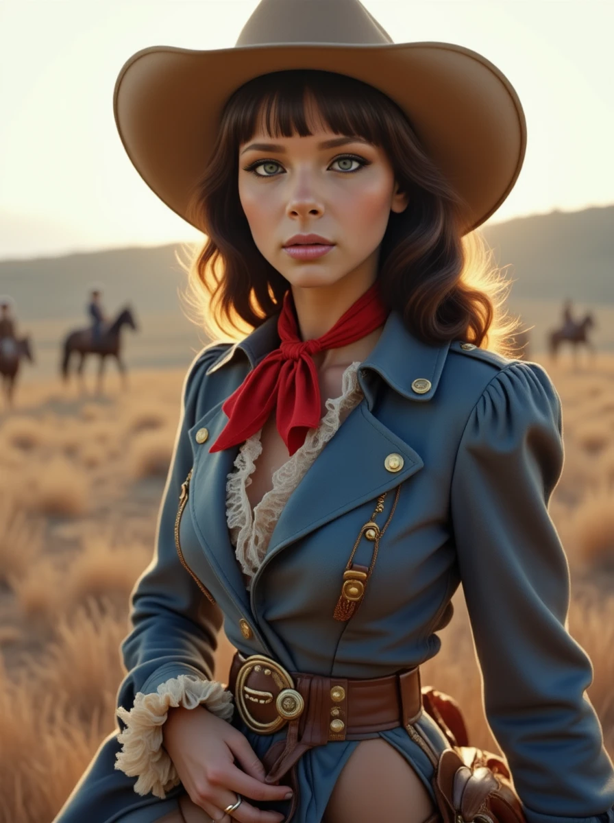 amateur photo of a brunette woman posing confident, she has a cool expression, her hair has bangs, her skin has a detailed texture with subsurface details. she is wearing a freed slave's ensemble with a tailored blue vaquero jacket, a wide-brimmed hat, and a red ascot, riding a horse across the Southern landscape <lora:chloelora:1.2> Ch103