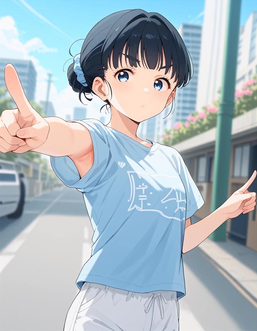 score_9, score_8_up, score_7_up, source_anime,
1girl, looking at viewer, solo, blurry background, pointing at viewer, dutch angle, blue sky, street, skyscraper,
<lora:tiara_basori_anime_v2-soralz:1>, tiara basori, black hair, short hair, hair bun, (thick eyebrows:0.6), blue eyes, blue hair scrunchie, flower hair ornament,
blue t-shirt, flower print, white shorts, hairpin, armpit peek,