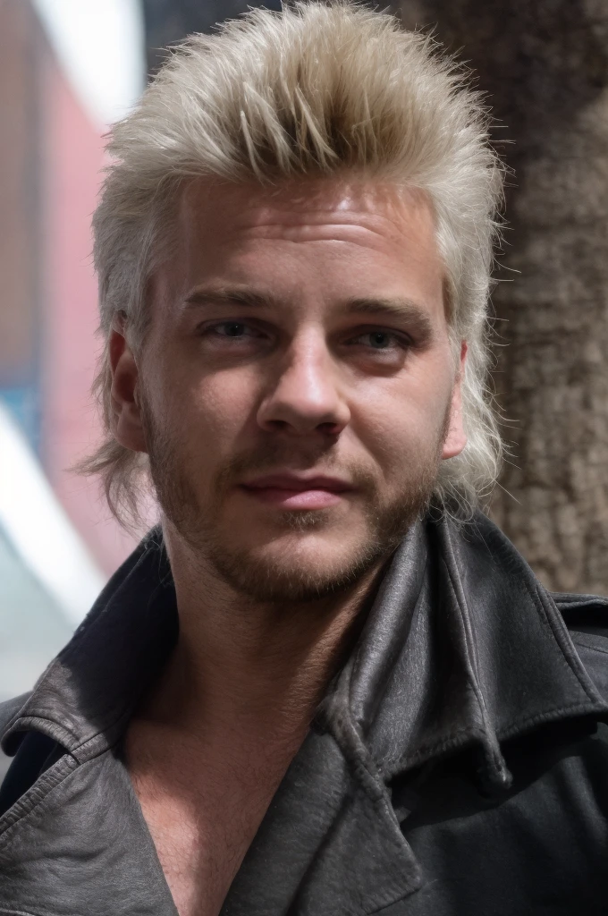 solo, highest resolution highly detailed photograph. head shot, portrait, looking at viewer, David, black shirt, black leather jacket