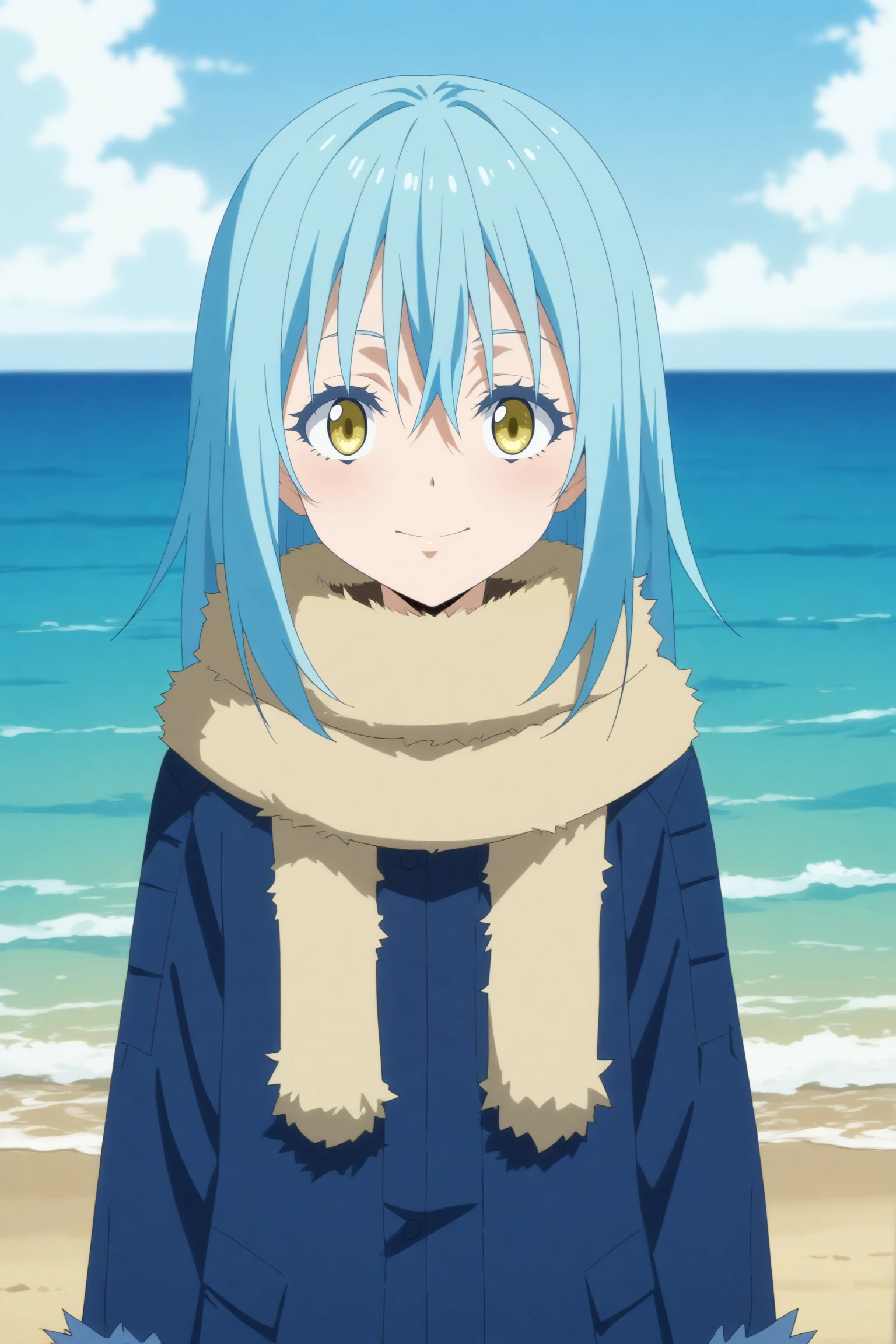 1girl,solo,rimuru,long hair,smile,androgynous,bangs,hair between eyes,closed mouth,looking at viewer,fur collar,scarf,fur trim,coat,blue coat,day,long sleeves,sea <lora:Rimuru_-_Tensei_Shitara_Slime_Datta_Ken.safetensors:0.8> 