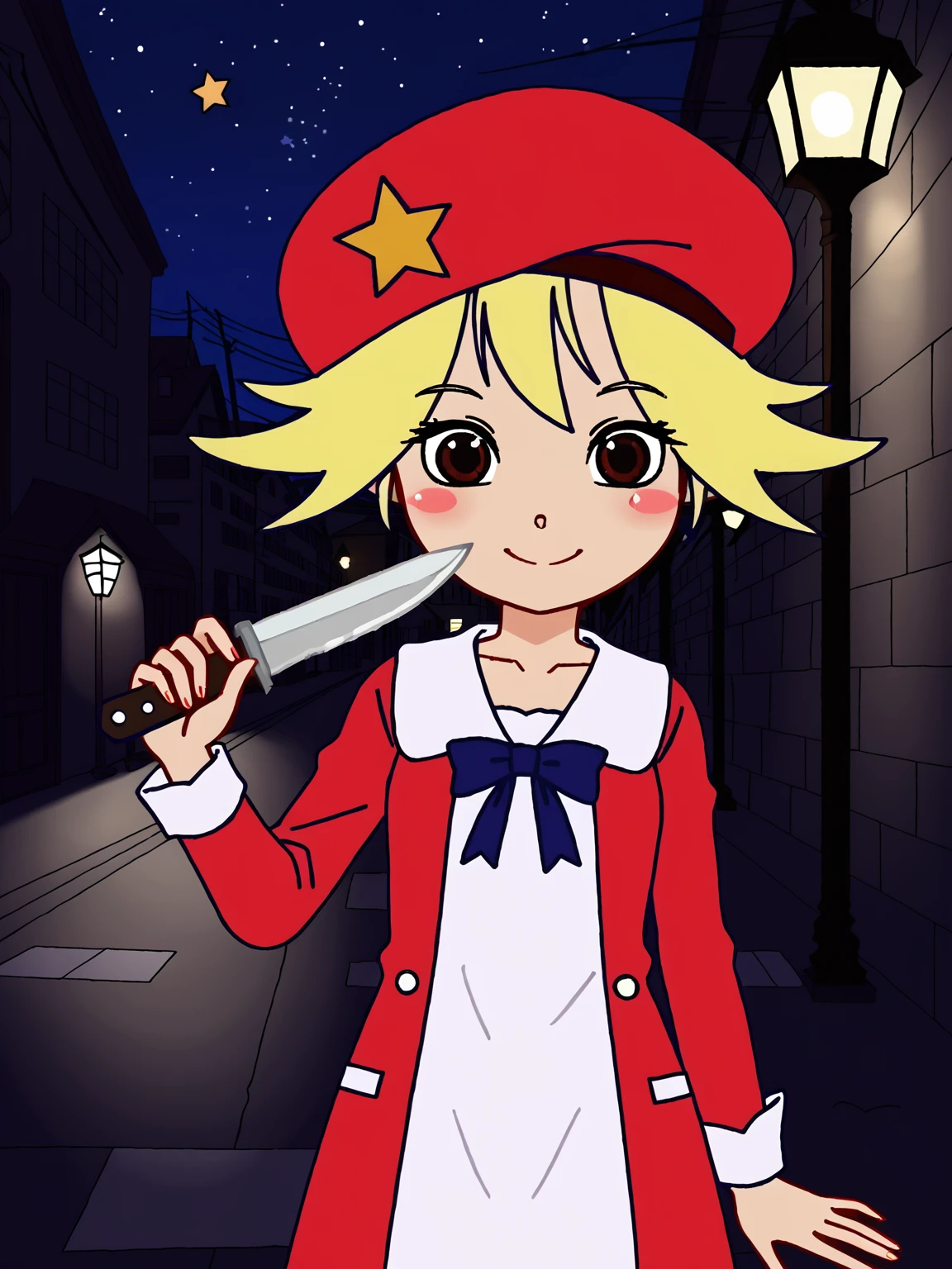 1girl, smile, source_cartoon, piuvictoria, <lora:Victoria (Pump It Up):0.8>, blush, blonde hair, brown eyes, red hat, star ornament, night, nighttime, dim lighting, darkness, alleyway, holding knife