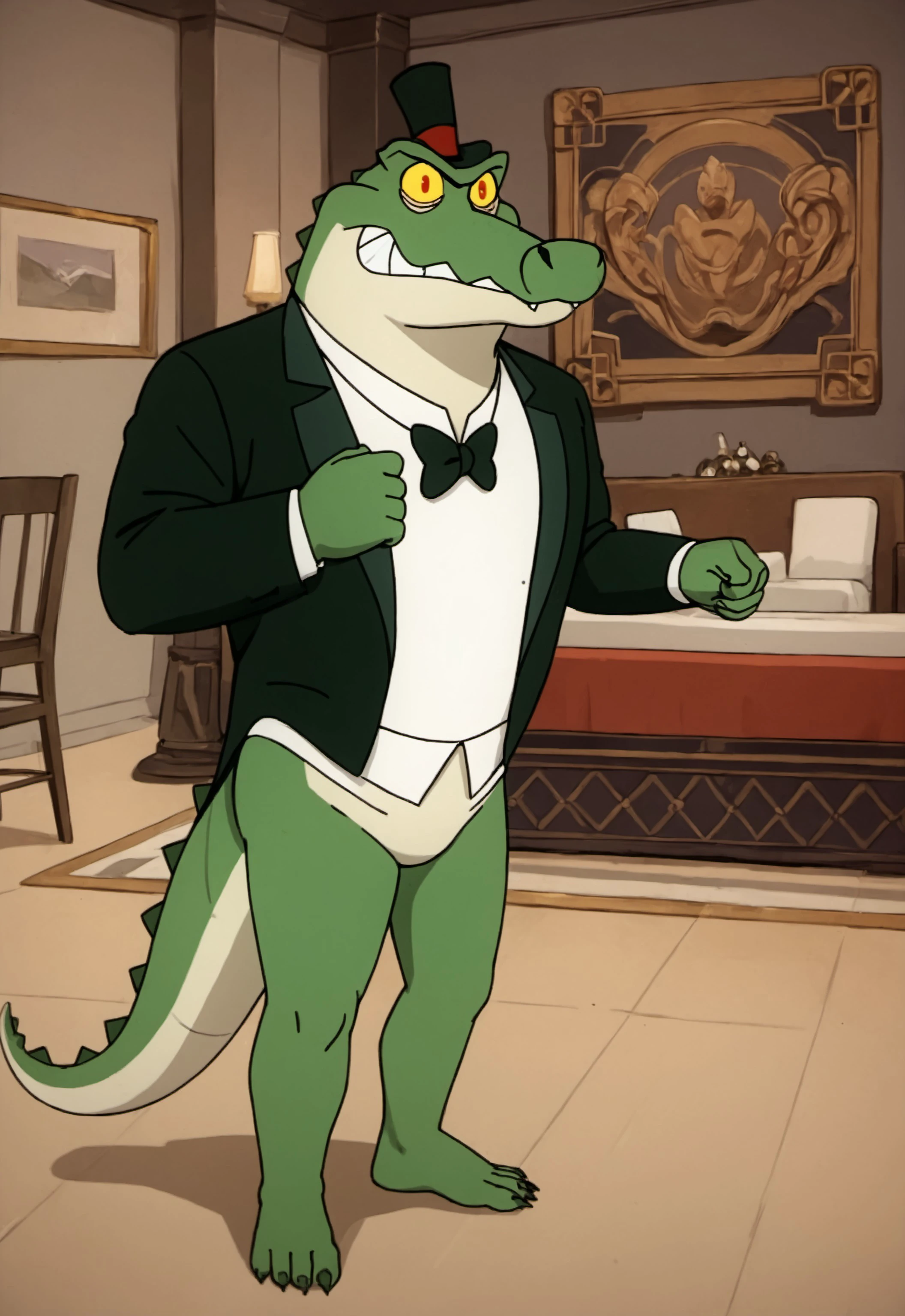 safe_pos, safe_pos, score_9, score_8_up, rating_nsfw, ultra hd, absurdres, best quality, best aesthetic, masculine, solo, 1boy, male focus, perfect proportions, erotic, mature male, coloured,

HSRBossStone, crocodile, anthro, bowtie, tuxedo, top hat, suit, open eyes, Expressiveh