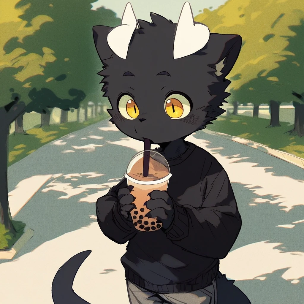 score_9_up, score_8_up, score_7_up, source_furry, mikus-wieneko138226, black dragon, black body, white horns, yellow eyes, park, holding, bubble tea, black sweater, gray shorts, 1boy, solo