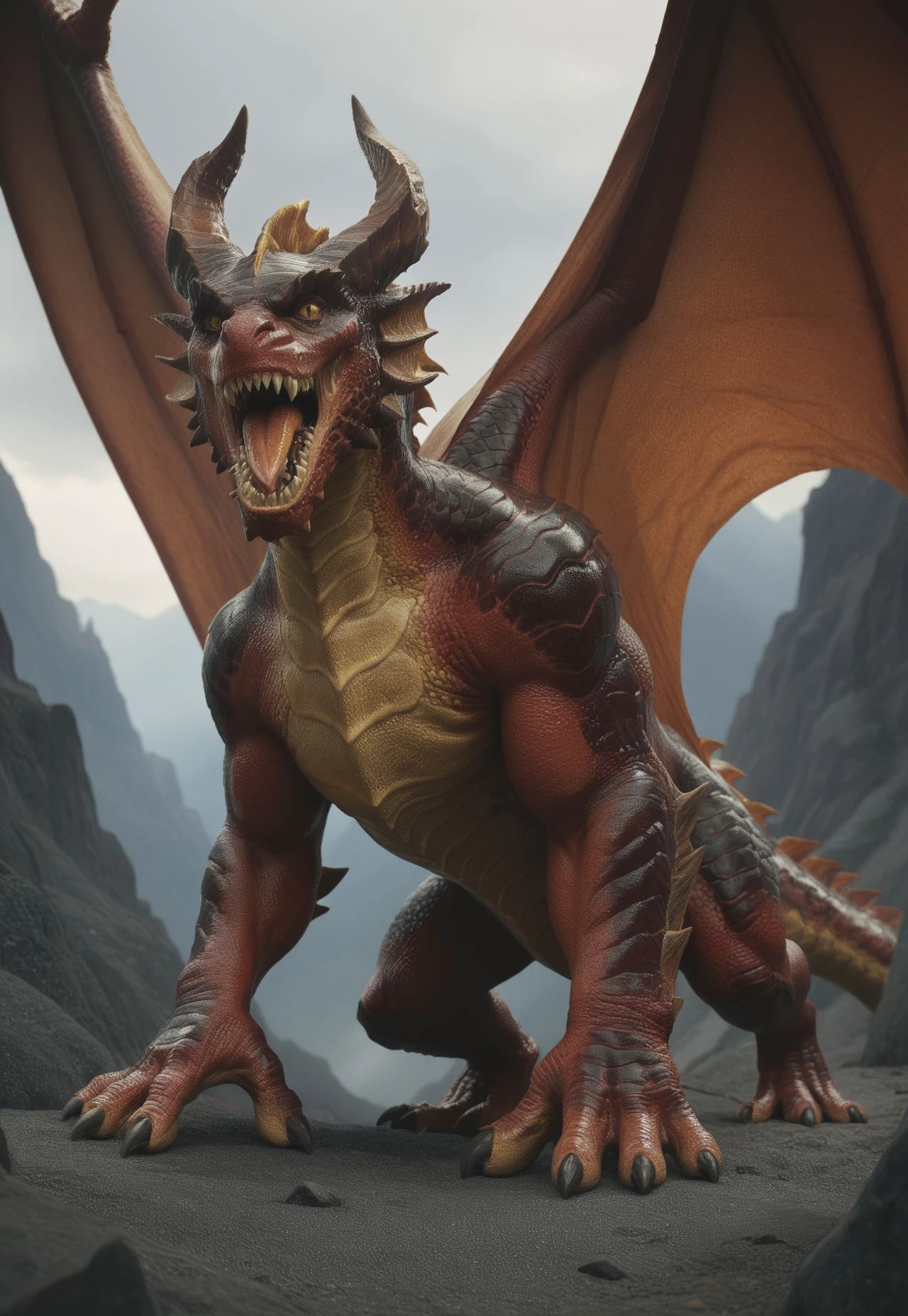 Red dradon ,dnd_dragon no humans wings dragon horns tail cloud scales monster sharp teeth claws teeth sky open mouth giant mountain yellow eyes solo spikes score_9 score_8_up score_7_up score_6_up score_5_up score_4_up no humans