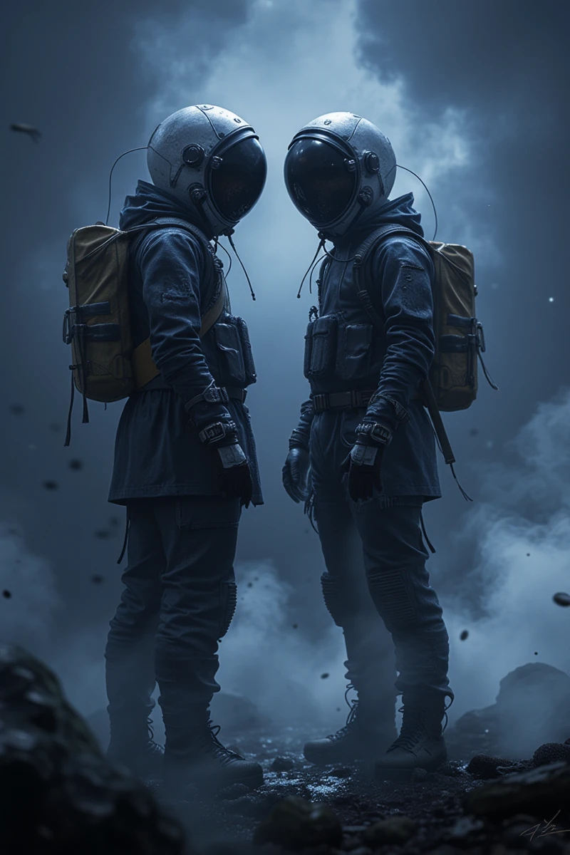 anhei,This is a very detailed digital artwork in a dark fantasy style,Two men in with astronaut helmets on and black jackets stand on the ground, surrounded by fog and mist. The background is dark blue with low saturation. The symmetric composition highlights their facial expressions and posture. Wide-angle lenses are used to capture details of the textures. Soft lighting creates an atmosphere full of mystery.