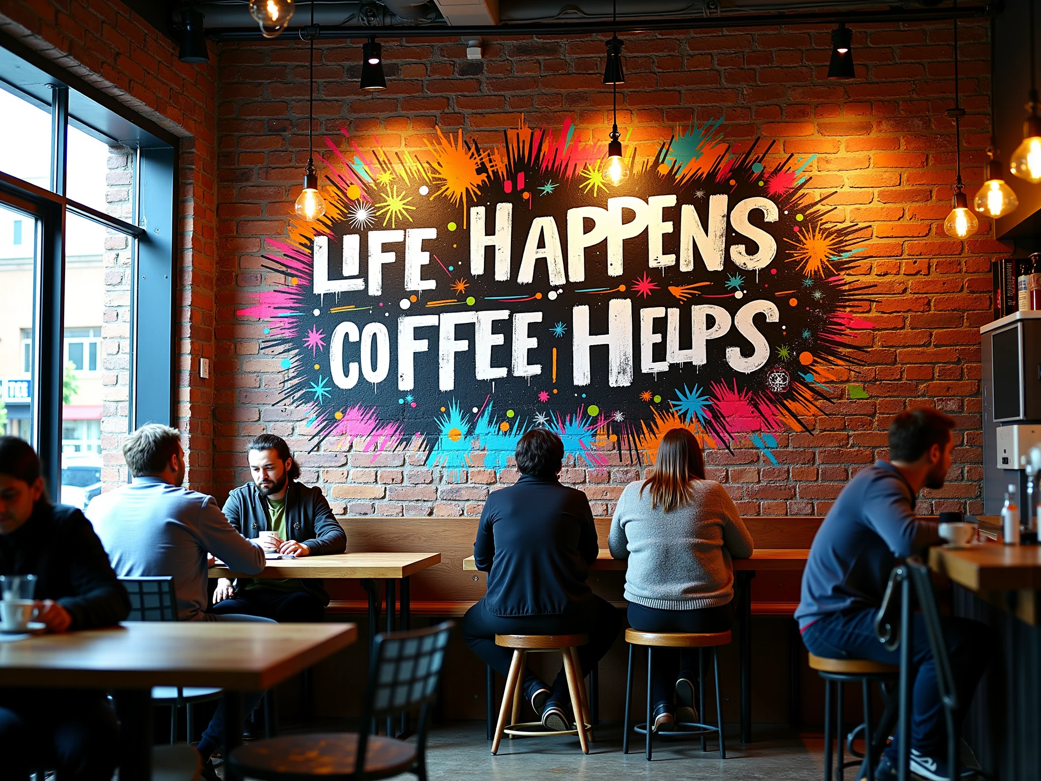 inside of a trendy coffee shop there is a graffiti on one of the walls with text "Life Happens, Coffee Helps"on a brick wall <lora:paintsplosion-flux:0.6> mad-pntsplsn, colorful, splatters, people drink coffee, sit at the table