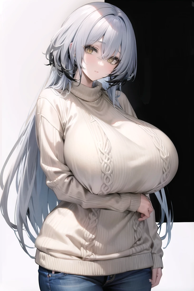 gradient hair,white hair,yellow eyes, 
(sweater:1.28),
(white background,simple background:1.18),
cowboy shot,highres,official art,original,masterpiece,best quality,
(huge breasts),
<lora:haitien:1.0>