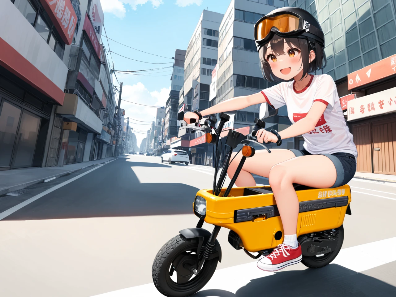 best quality, very aesthetic, absurdres, high resolution, ultra detailed, detail,
1girl, young girl, round face, down-turned eyes, very short hair, small breast, hair clip on front, smile,
black helmet with goggle, white graphic t-shirt, short pants, socks, shoes, random pose, 
riding yellow body motocompo,
outdoors, road, urban city,
shot from afar, wide shot,
mas motocompo, <lora:motocompo_red_anmg31_sdxl_r2:1>,