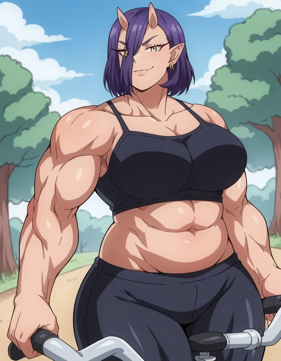 score_9, score_8_up, score_7_up, source_anime, <lora:elfsanwayaserarenai-oga-s1-ponyxl-lora-nochekaiser:1>, oga, short hair, large breasts, yellow eyes, purple hair, horns, pointy ears, hair over one eye, muscular, oni horns, plump, oni, muscular female, skin-covered horns, thick arms,, navel, jewelry, earrings, midriff, pants, camisole,, bike ride, countryside, dirt road, trees, afternoon sun, peaceful, alone, smile, looking at viewer, smug, solo,, cowboy shot, dutch angle