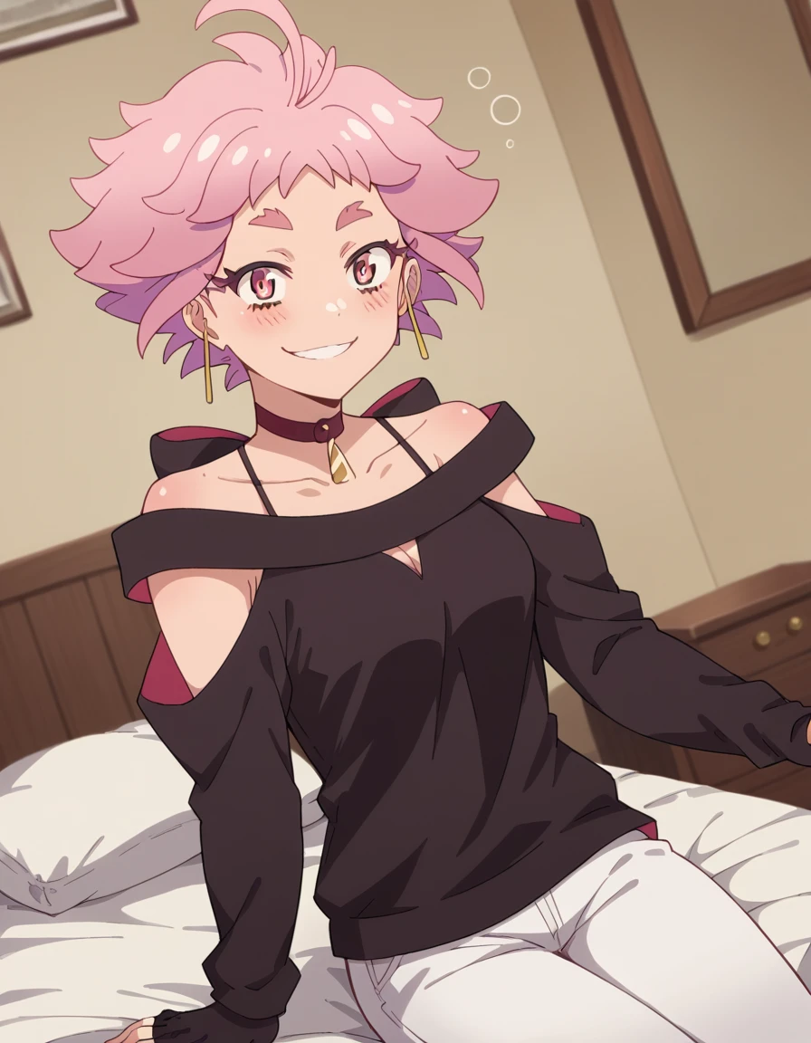 score_9, score_8_up, score_7_up, source_anime, <lora:mayonakapunch-live-s1-ponyxl-lora-nochekaiser:1>, live, short hair, pink hair, ahoge, pink eyes, thick eyebrows, short eyebrows, medium breasts,, shirt, gloves, long sleeves, jewelry, collarbone, earrings, choker, black gloves, pants, fingerless gloves, off shoulder, white pants,, indoors, bed, bed room, on side, blush, drunk,, smile, , smile, from side, solo,, cowboy shot, dutch angle