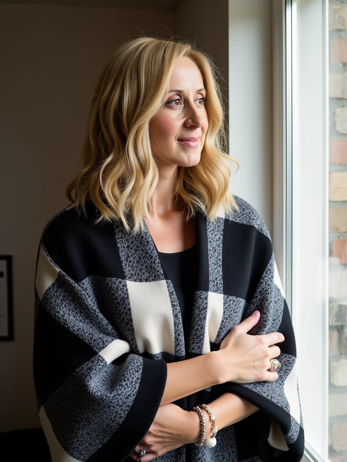 LaraFabian has shoulder-length, wavy blonde dyed hair styled in loose, voluminous waves. She has peacful expression with her eyes looking on the upper right, with a little side smile. She has crossed arms under her breasts. She is wearing a stylish, oversized, black and white plaid shawl draped over her shoulders. She stands right next to a window and looks outside. Calm ambient, peacful and warm impression from the picture.
<lora:Lara-Fabian_flux1_LOREVER:1>