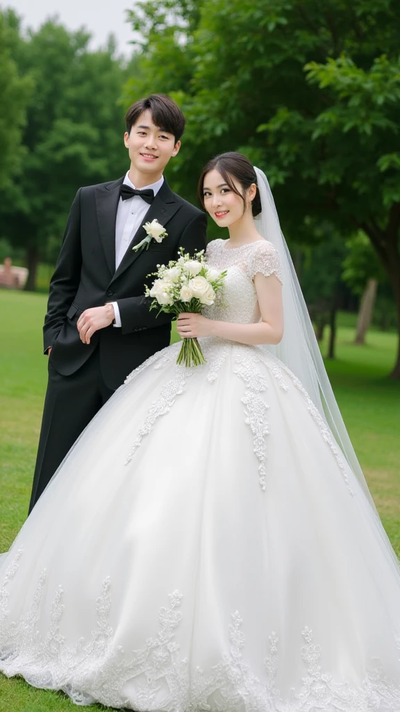 wedding photo,bride stand smile,and groom sit,garden,