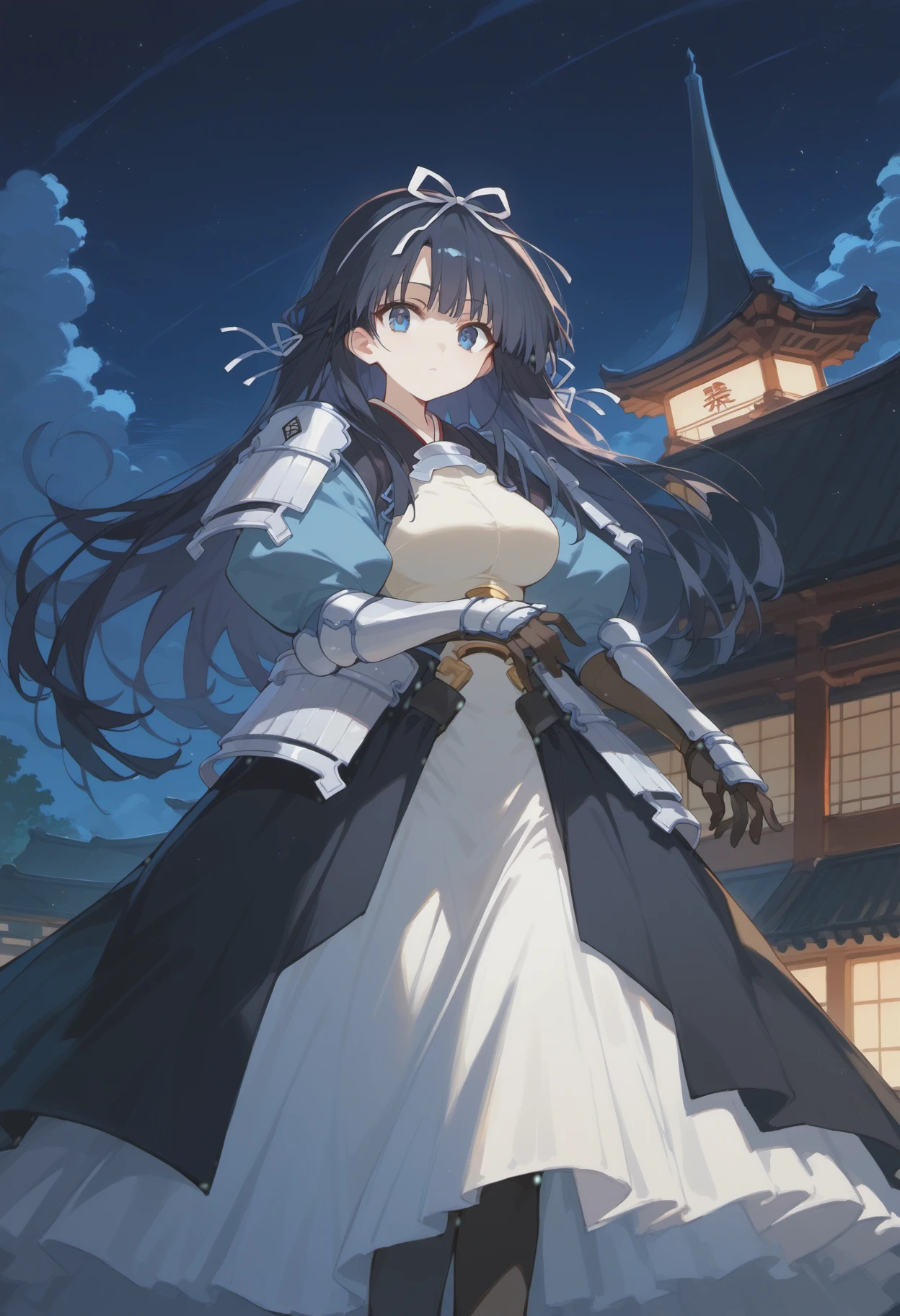 score_9, score_8_up, score_7_up, source anime, uesugi kenshin, 1girl, solo, long hair, black hair, hair ribbon, blue eyes, sode, kusazuri, gauntlets, armored dress, large breasts,full body, sky, night, east asian architecture,  <lora:uesugi_kenshin-xl-pony-v1-000005:1>