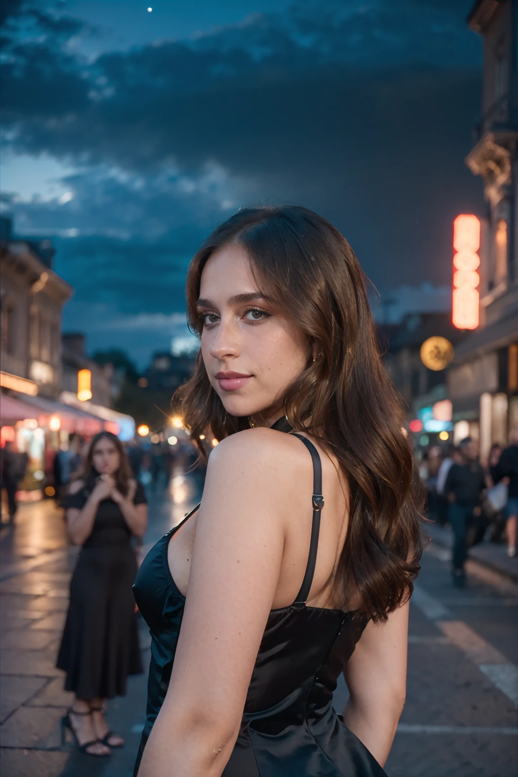 a (portrait, close up) photograph of (1girl, 21 years old, seductive smile, <lora:ZH_TateMcRae_v1SD15:0.9>, zh_tmcrae, solo, long hair, realistic, brown hair, looking at viewer, brown eyes, lips, make up) wearing (black dress)